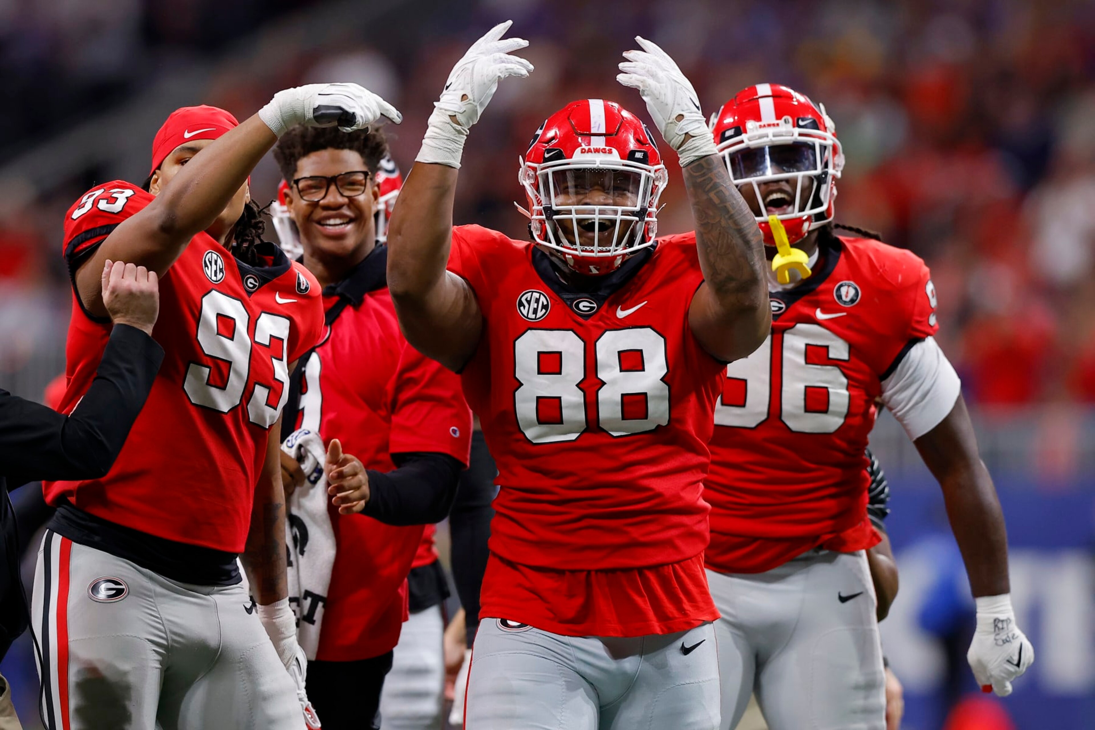 ATLANTA, GEORGIA - DECEMBER 03: Jalen Carter #88 of the Georgia Bulldogs reacts after a defensive stop against the LSU Tigers during the second quarter in the SEC Championship game at Mercedes-Benz Stadium on December 03, 2022 in Atlanta, Georgia. (Photo by Todd Kirkland/Getty Images) ATLANTA, GEORGIA - DECEMBER 03: Jalen Carter #88 of the Georgia Bulldogs reacts after a defensive stop against the LSU Tigers during the second quarter in the SEC Championship game at Mercedes-Benz Stadium on December 03, 2022 in Atlanta, Georgia. (Photo by Todd Kirkland/Getty Images)