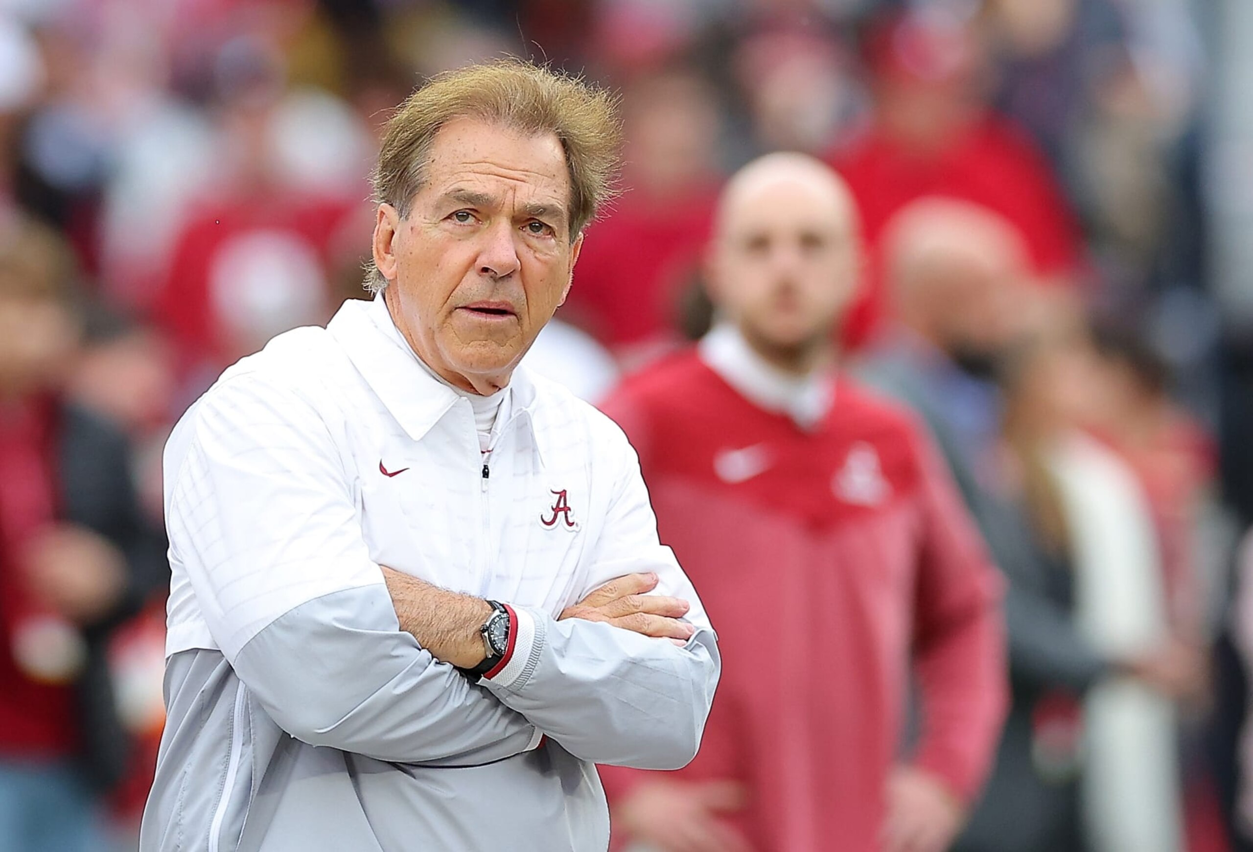 TUSCALOOSA, ALABAMA - NOVEMBER 26:  ead coach Nick Saban of the Alabama Crimson Tide looks on during pregame warmups prior to facing the Auburn Tigers at Bryant-Denny Stadium on November 26, 2022 in Tuscaloosa, Alabama. (Photo by Kevin C. Cox/Getty Images)