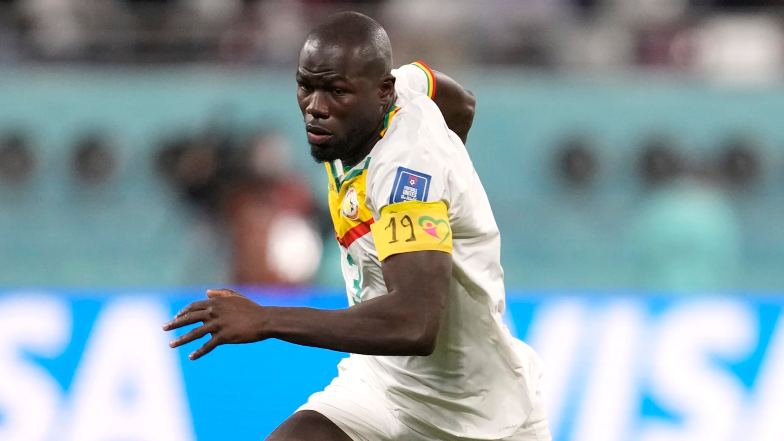 Senegal's Kalidou Koulibaly in action during the World Cup group A soccer match between Ecuador and Senegal, at the Khalifa International Stadium in Doha, Qatar, Tuesday, Nov. 29, 2022. (AP Photo/Darko Vojinovic)