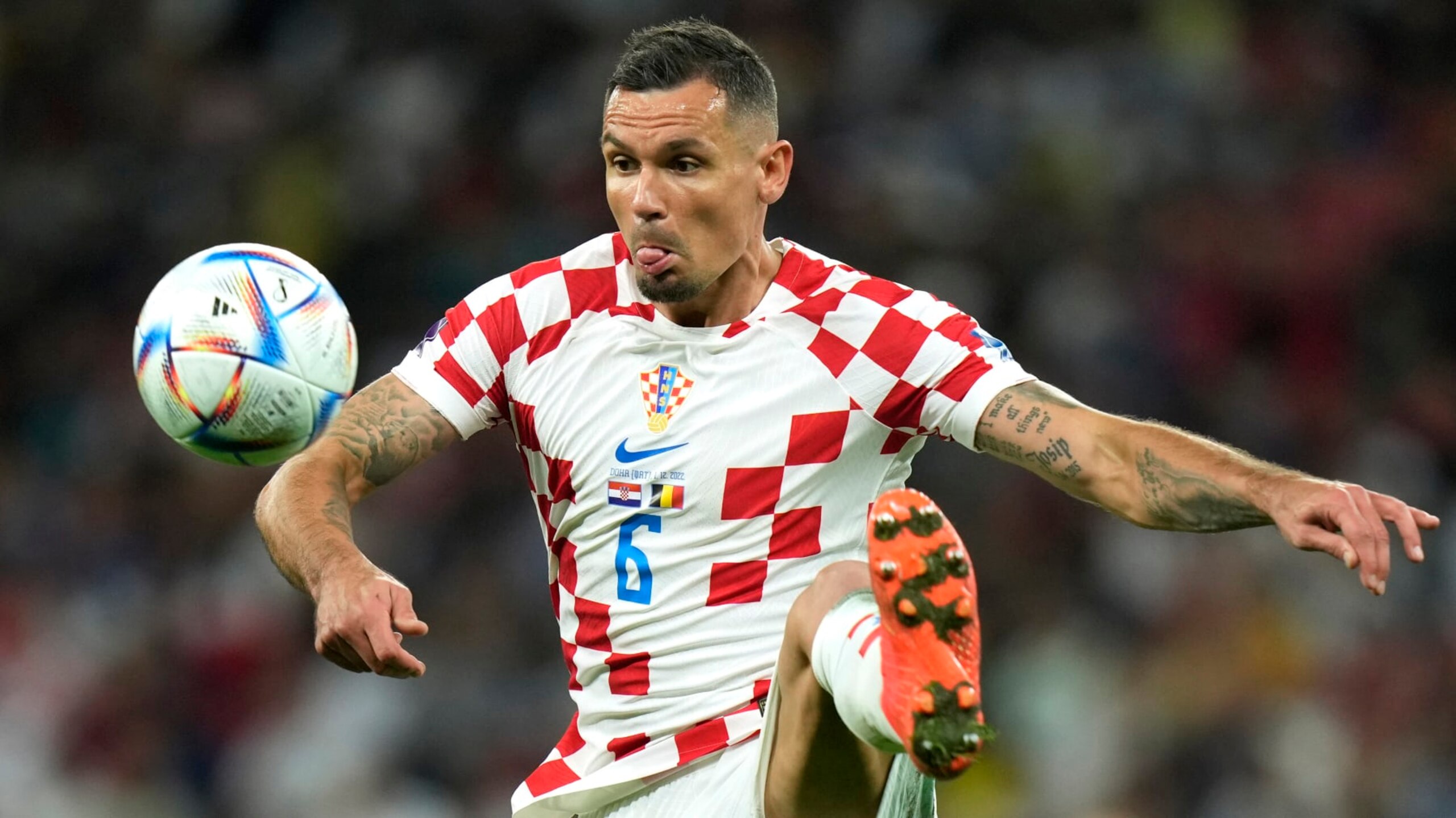 Croatia's Dejan Lovren controls the ball during the World Cup group F soccer match between Croatia and Belgium at the Ahmad Bin Ali Stadium in Al Rayyan, Qatar, Thursday, Dec. 1, 2022. (AP Photo/Francisco Seco)