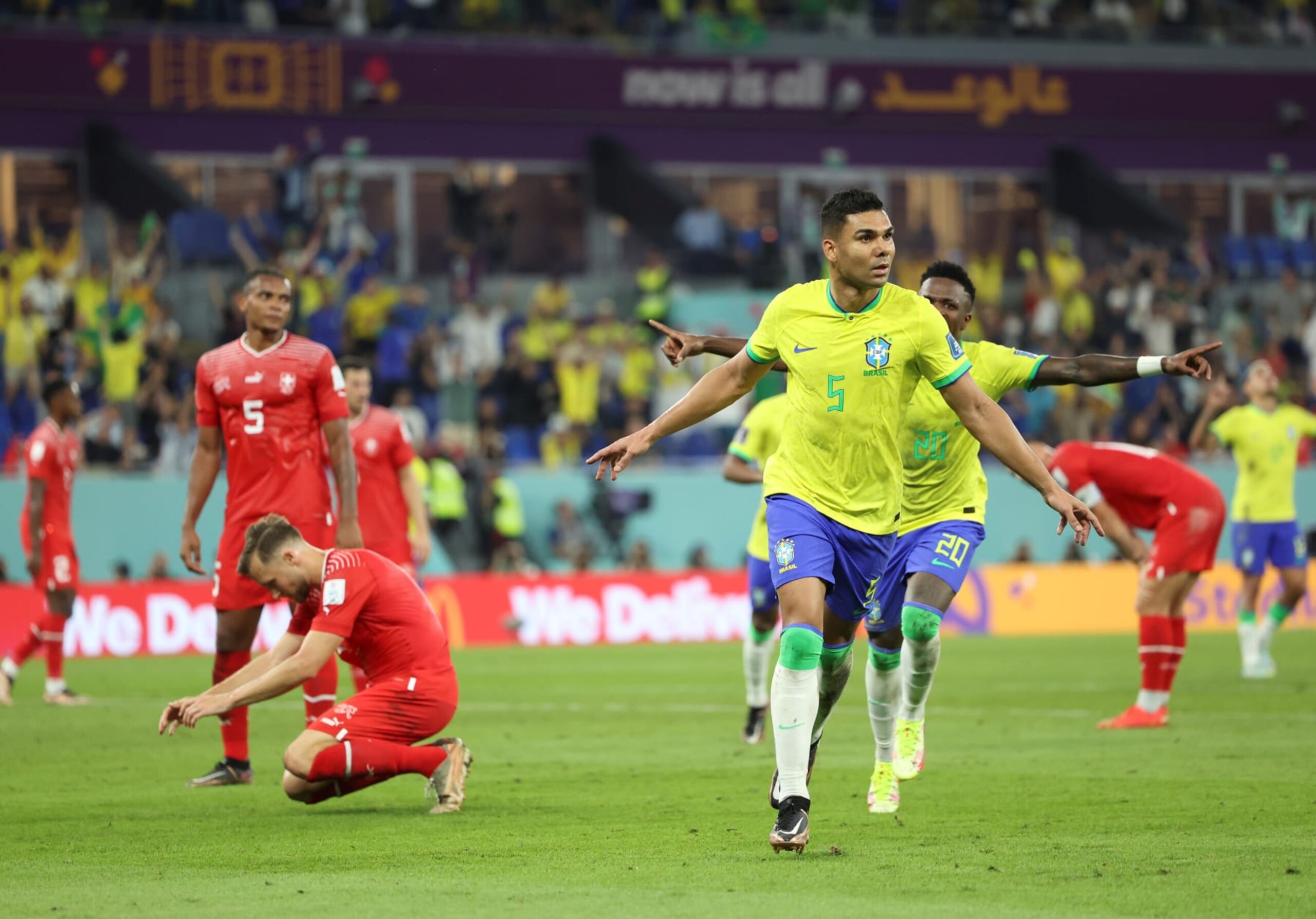 Casemiro (R, front) of Brazil celebrates his goal during the Group G match between Brazil and Switzerland at the 2022 FIFA World Cup at Ras Abu Aboud 974 Stadium in Doha, Qatar, Nov. 28, 2022. (Photo by Li Ming/Xinhua via Getty Images)