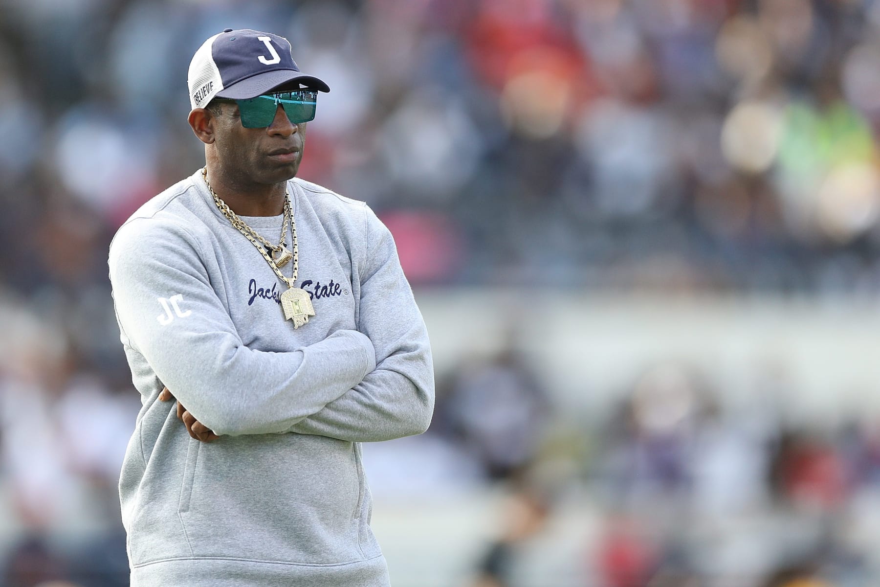 JACKSON, MISSISSIPPI - DECEMBER 03: Head coach Deion Sanders of the Jackson State Tigers looks on before the game against the Southern University Jaguars in the SWAC Championship at Mississippi Veterans Memorial Stadium on December 03, 2022 in Jackson, Mississippi. (Photo by Justin Ford/Getty Images)