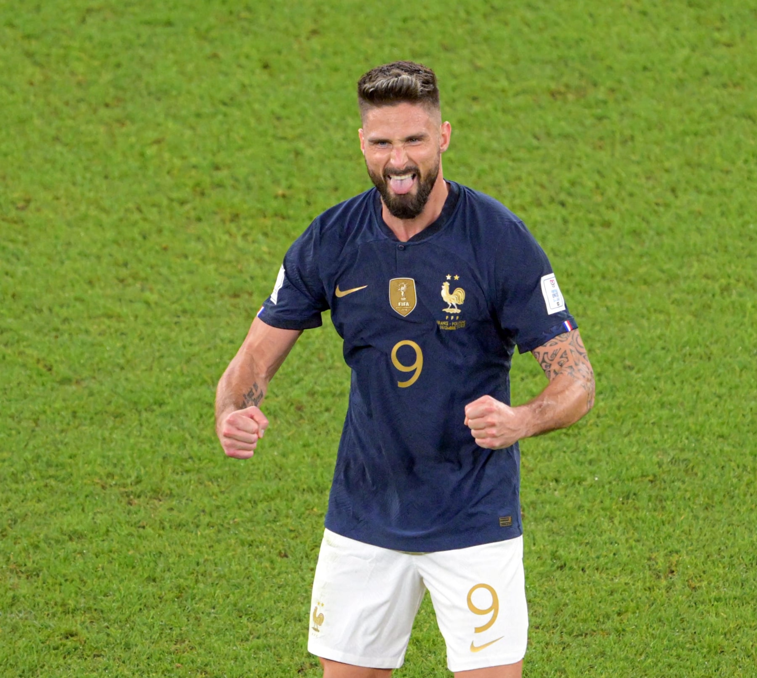 DOHA, QATAR - DECEMBER 04: Olivier Giroud (9) of France celebrates after scoring a goal during the FIFA World Cup Qatar 2022 Round of 16 match between France and Poland at Al Thumama Stadium in Doha, Qatar on December 04, 2022. (Photo by Salih Zeki Fazlioglu/Anadolu Agency via Getty Images)