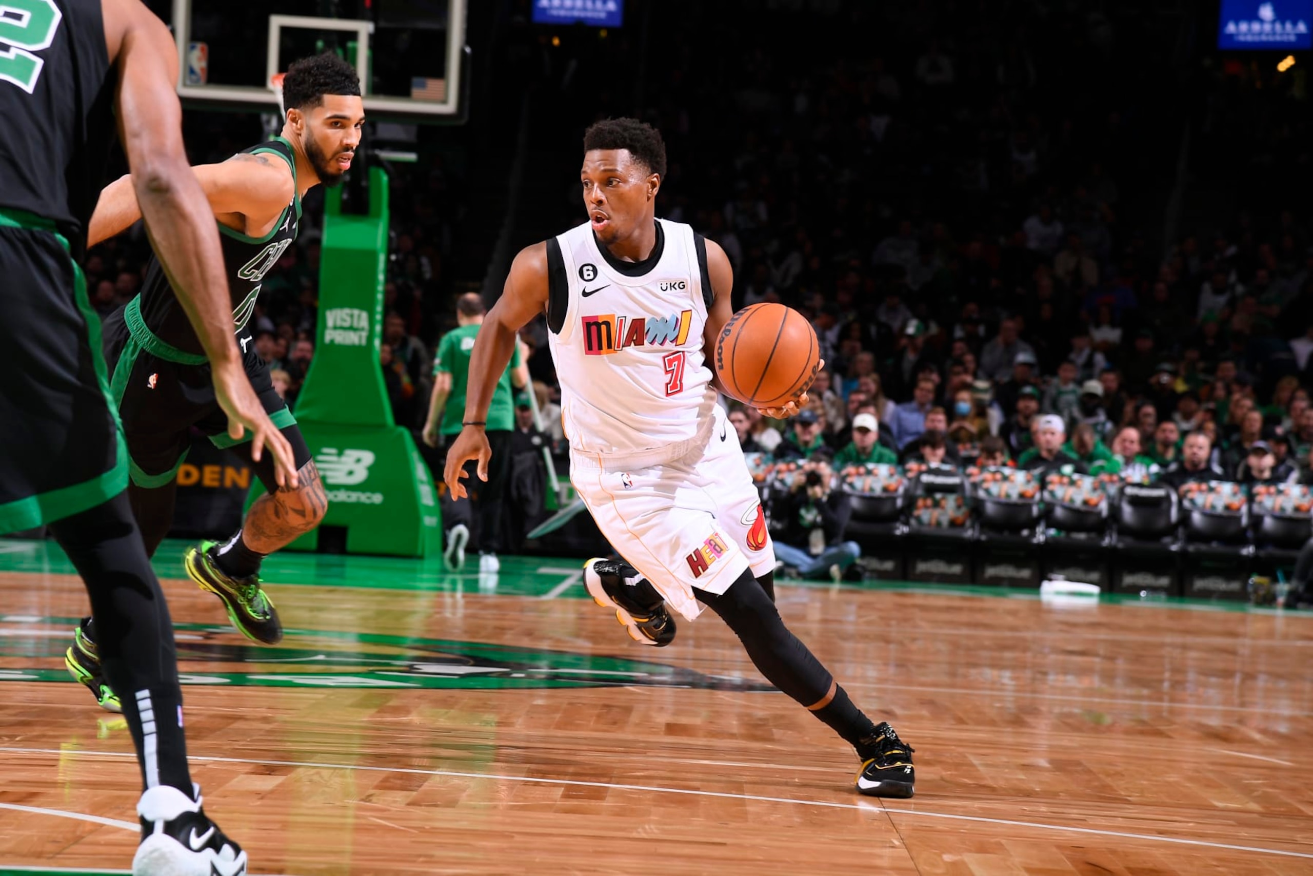 BOSTON, MA - DECEMBER 2: Kyle Lowry #7 of the Miami Heat dribbles the ball during the game against the Boston Celtics on December 2, 2022 at the TD Garden in Boston, Massachusetts.  NOTE TO USER: User expressly acknowledges and agrees that, by downloading and or using this photograph, User is consenting to the terms and conditions of the Getty Images License Agreement. Mandatory Copyright Notice: Copyright 2022 NBAE  (Photo by Brian Babineau/NBAE via Getty Images)