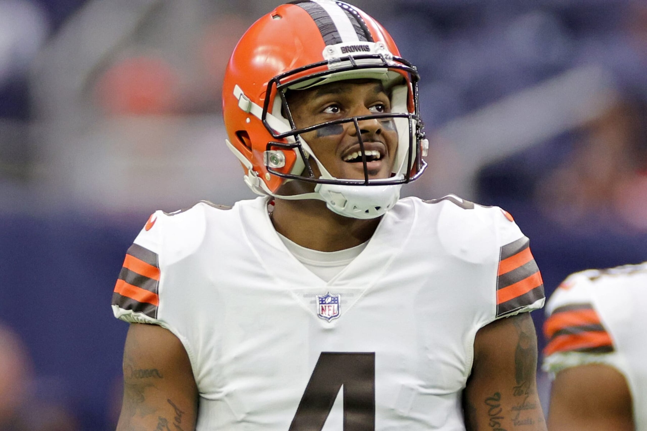 HOUSTON, TEXAS - DECEMBER 04: Deshaun Watson #4 of the Cleveland Browns looks onward during pregame against the Houston Texans at NRG Stadium on December 04, 2022 in Houston, Texas. (Photo by Carmen Mandato/Getty Images)