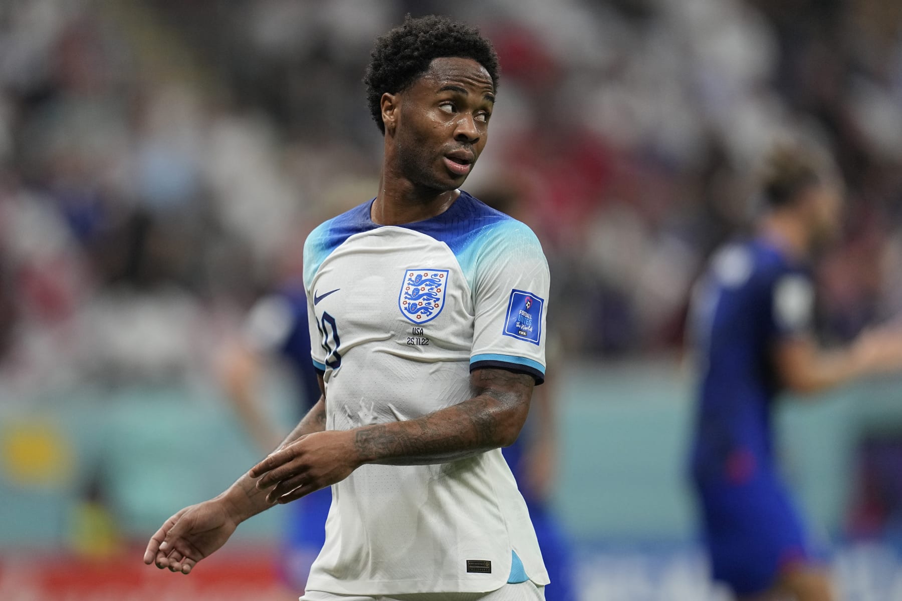 England's Raheem Sterling looks down the field during the World Cup group B soccer match between England and The United States, at the Al Bayt Stadium in Al Khor , Qatar, Friday, Nov. 25, 2022. (AP Photo/Abbie Parr) England's Raheem Sterling looks down the field during the World Cup group B soccer match between England and The United States, at the Al Bayt Stadium in Al Khor , Qatar, Friday, Nov. 25, 2022. (AP Photo/Abbie Parr)