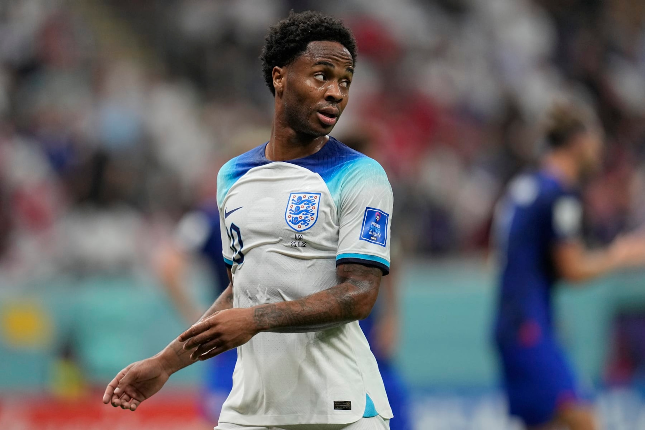 England's Raheem Sterling looks down the field during the World Cup group B soccer match between England and The United States, at the Al Bayt Stadium in Al Khor , Qatar, Friday, Nov. 25, 2022. (AP Photo/Abbie Parr) England's Raheem Sterling looks down the field during the World Cup group B soccer match between England and The United States, at the Al Bayt Stadium in Al Khor , Qatar, Friday, Nov. 25, 2022. (AP Photo/Abbie Parr)