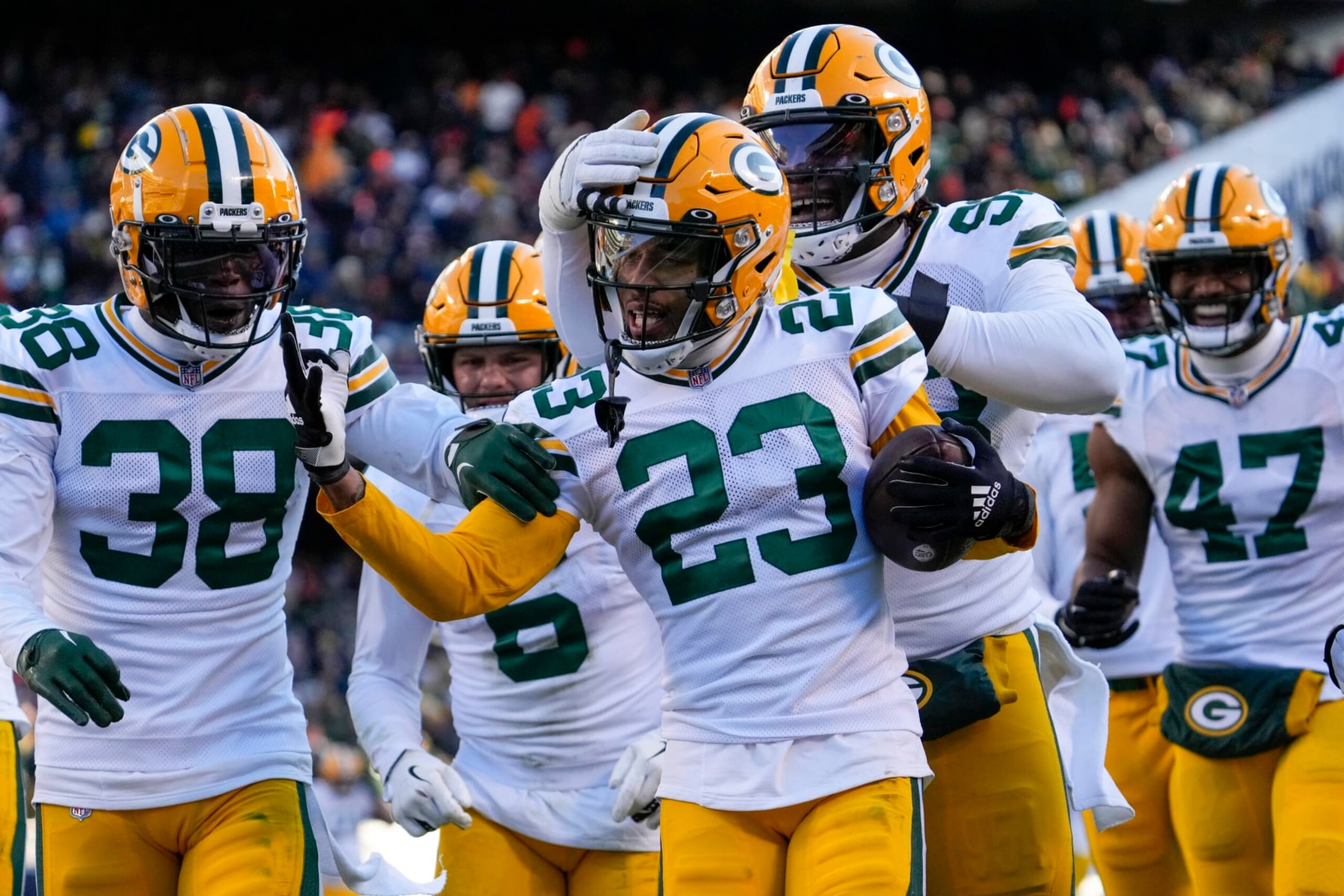 Green Bay Packers' Jaire Alexander celebrates his interception with teammates during the second half of an NFL football game against the Chicago Bears Sunday, Dec. 4, 2022, in Chicago. (AP Photo/Nam Y. Huh) Green Bay Packers' Jaire Alexander celebrates his interception with teammates during the second half of an NFL football game against the Chicago Bears Sunday, Dec. 4, 2022, in Chicago. (AP Photo/Nam Y. Huh)