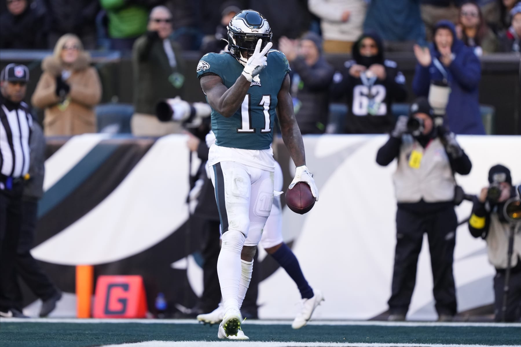 Philadelphia Eagles' A.J. Brown celebrates a touchdown during the second half of an NFL football game against the Tennessee Titans, Sunday, Dec. 4, 2022, in Philadelphia. (AP Photo/Matt Rourke)