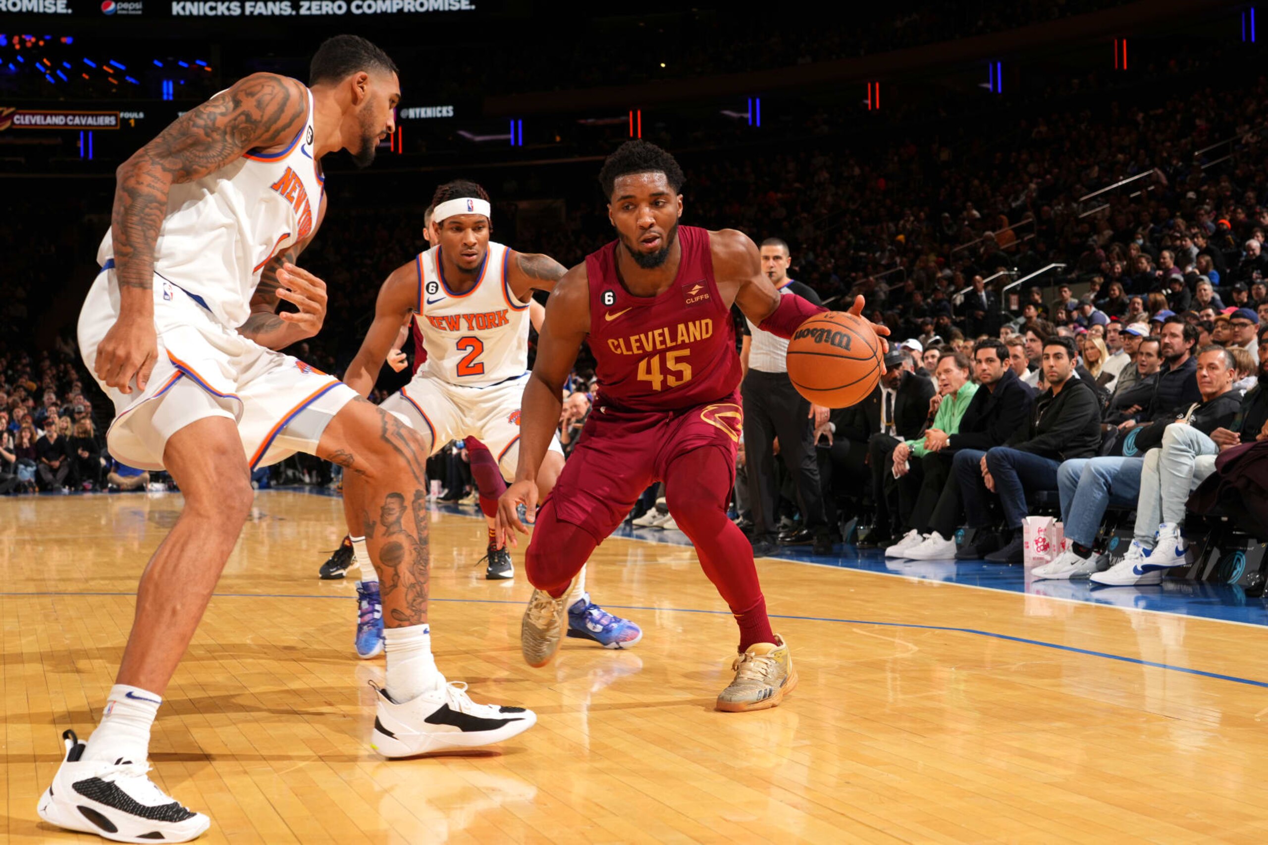 NEW YORK, NY -  DECEMBER 4: Donovan Mitchell #45 of the Cleveland Cavaliers dribbles the ball during the game against the New York Knicks on December 4, 2022 at Madison Square Garden in New York City, New York.  NOTE TO USER: User expressly acknowledges and agrees that, by downloading and or using this photograph, User is consenting to the terms and conditions of the Getty Images License Agreement. Mandatory Copyright Notice: Copyright 2022 NBAE  (Photo by Jesse D. Garrabrant/NBAE via Getty Images)