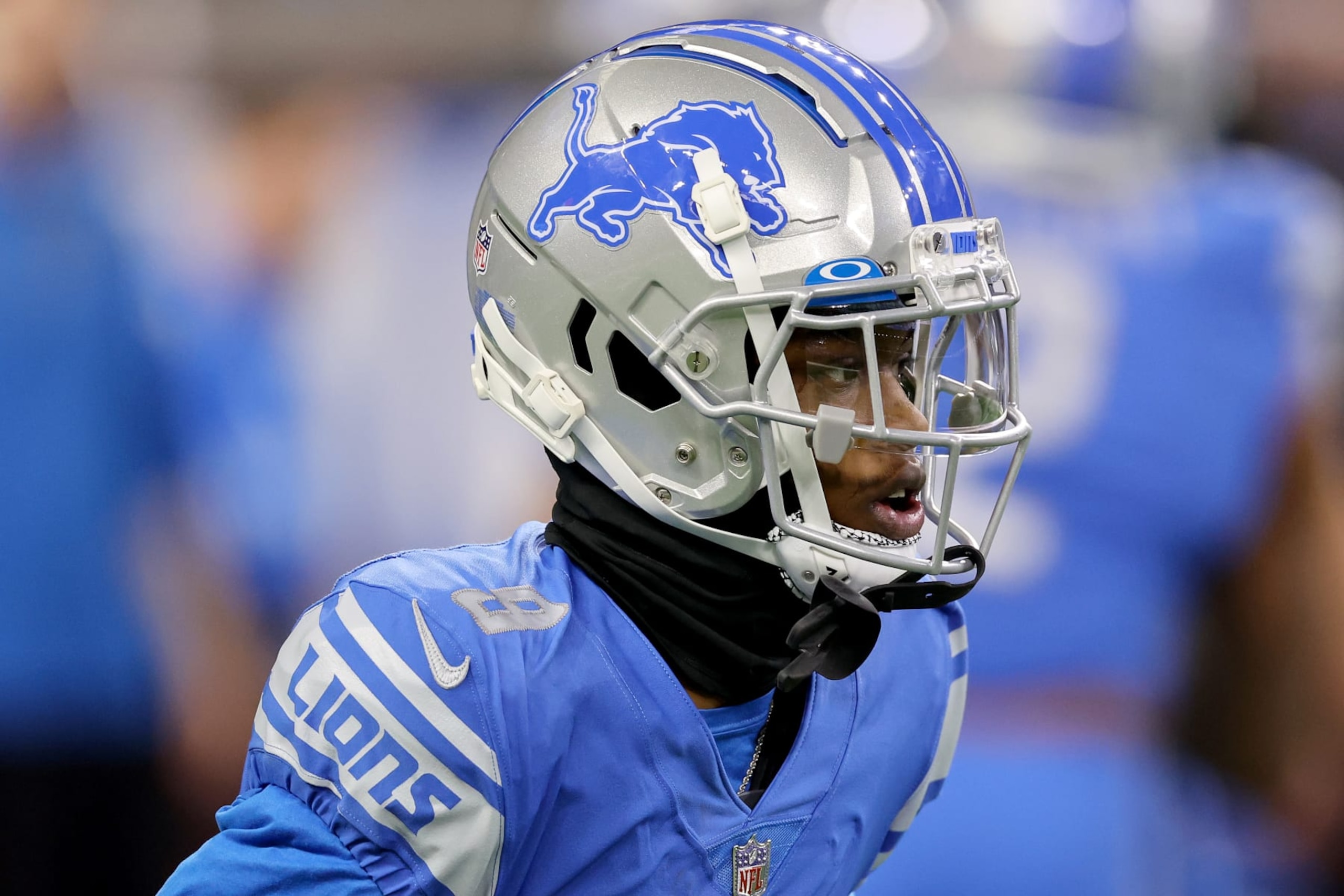 DETROIT, MICHIGAN - DECEMBER 04: Jameson Williams #9 of the Detroit Lions warms up before the game against the Jacksonville Jaguars at Ford Field on December 04, 2022 in Detroit, Michigan. (Photo by Gregory Shamus/Getty Images)