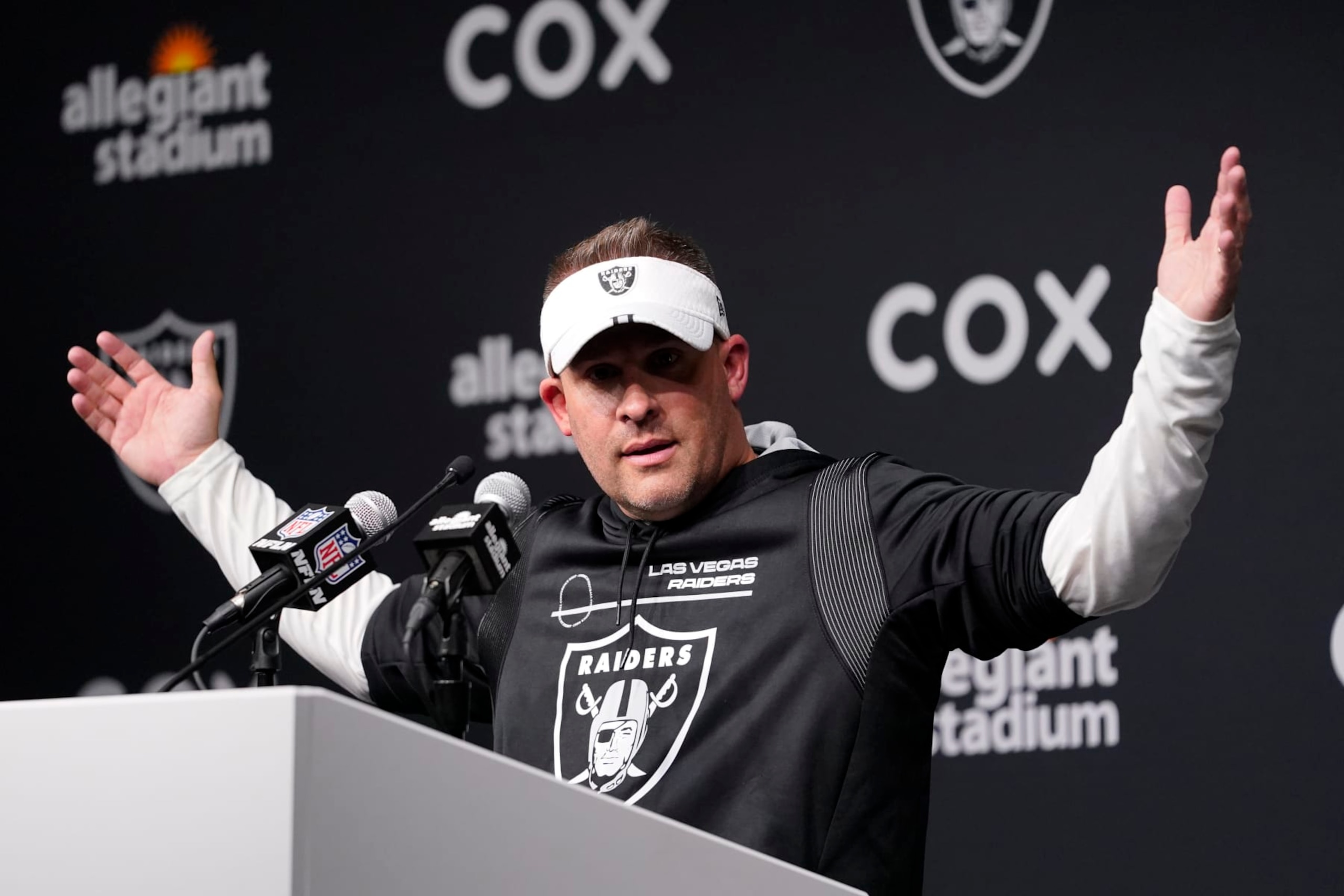 Las Vegas Raiders head coach Josh McDaniels speaks after an NFL football game against the Los Angeles Chargers, Sunday, Dec. 4, 2022, in Las Vegas. (AP Photo/Matt York)