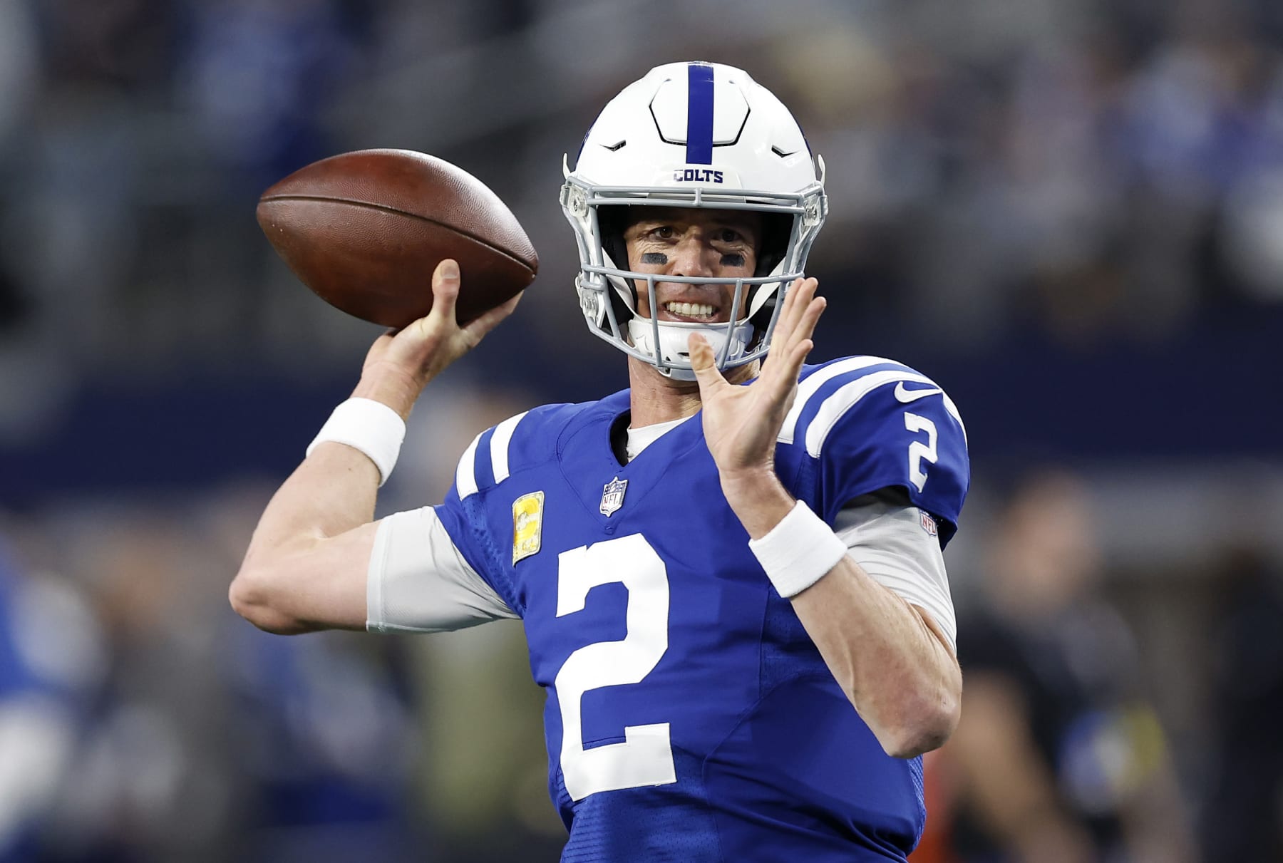 ARLINGTON, TEXAS - DECEMBER 04: Matt Ryan #2 of the Indianapolis Colts warms up prior to a game against the Dallas Cowboys at AT&T Stadium on December 04, 2022 in Arlington, Texas. (Photo by Wesley Hitt/Getty Images)