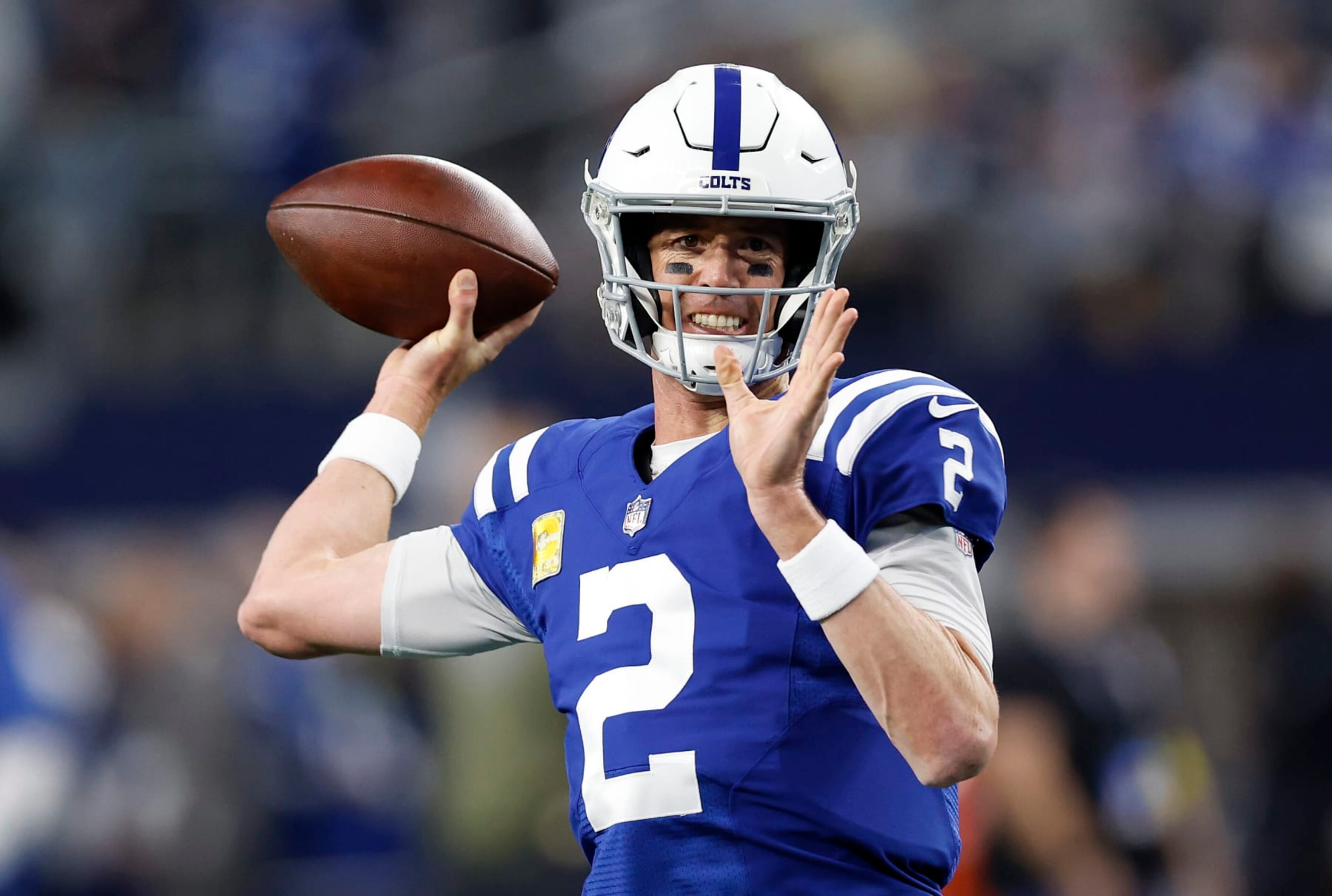 ARLINGTON, TEXAS - DECEMBER 04: Matt Ryan #2 of the Indianapolis Colts warms up prior to a game against the Dallas Cowboys at AT&T Stadium on December 04, 2022 in Arlington, Texas. (Photo by Wesley Hitt/Getty Images) ARLINGTON, TEXAS - DECEMBER 04: Matt Ryan #2 of the Indianapolis Colts warms up prior to a game against the Dallas Cowboys at AT&T Stadium on December 04, 2022 in Arlington, Texas. (Photo by Wesley Hitt/Getty Images)