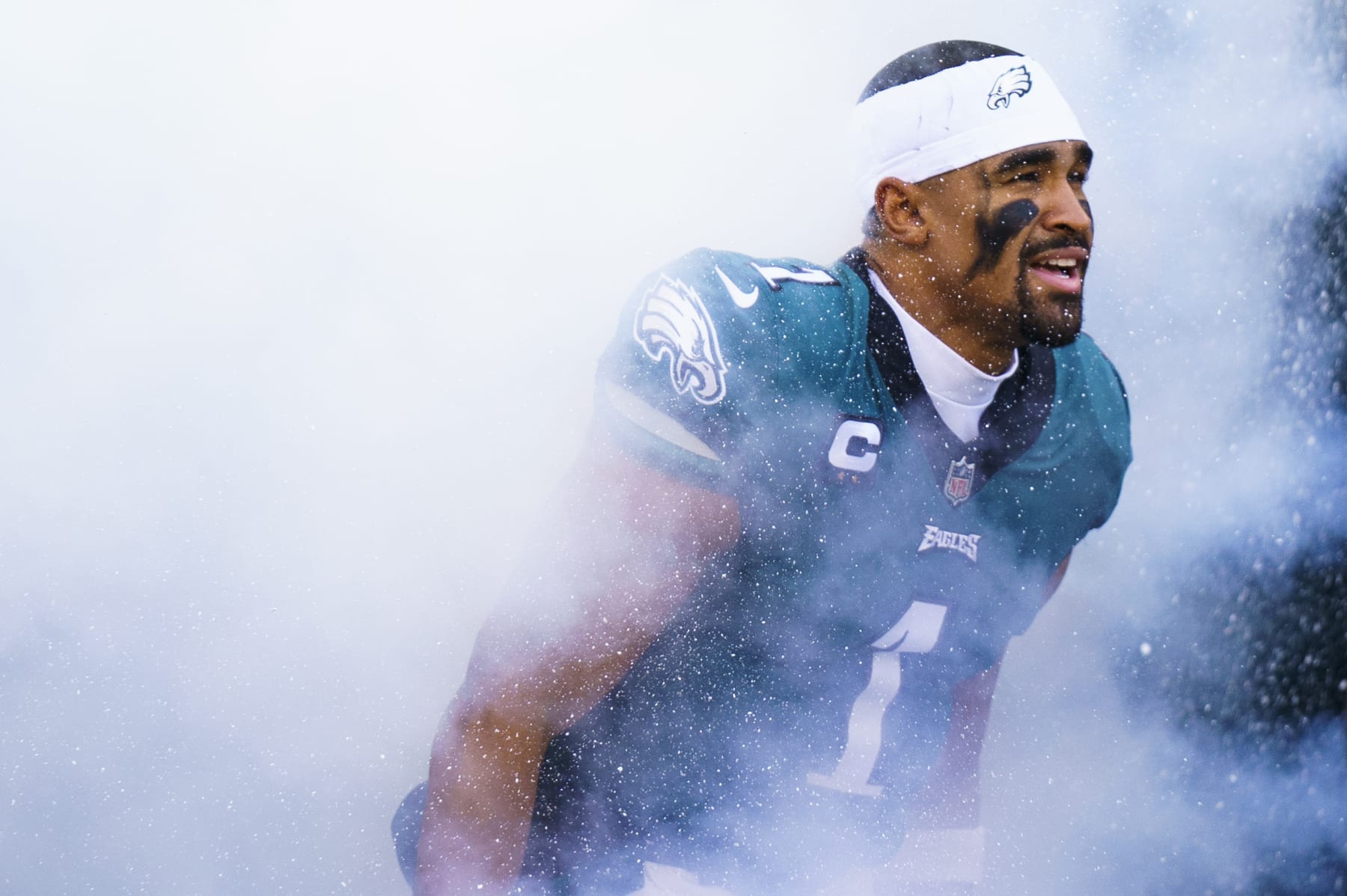 Philadelphia Eagles quarterback Jalen Hurts (1) takes the field for player introduction prior to the NFL football game against the Tennessee Titans, Sunday, Dec. 4, 2022, in Philadelphia. (AP Photo/Chris Szagola)