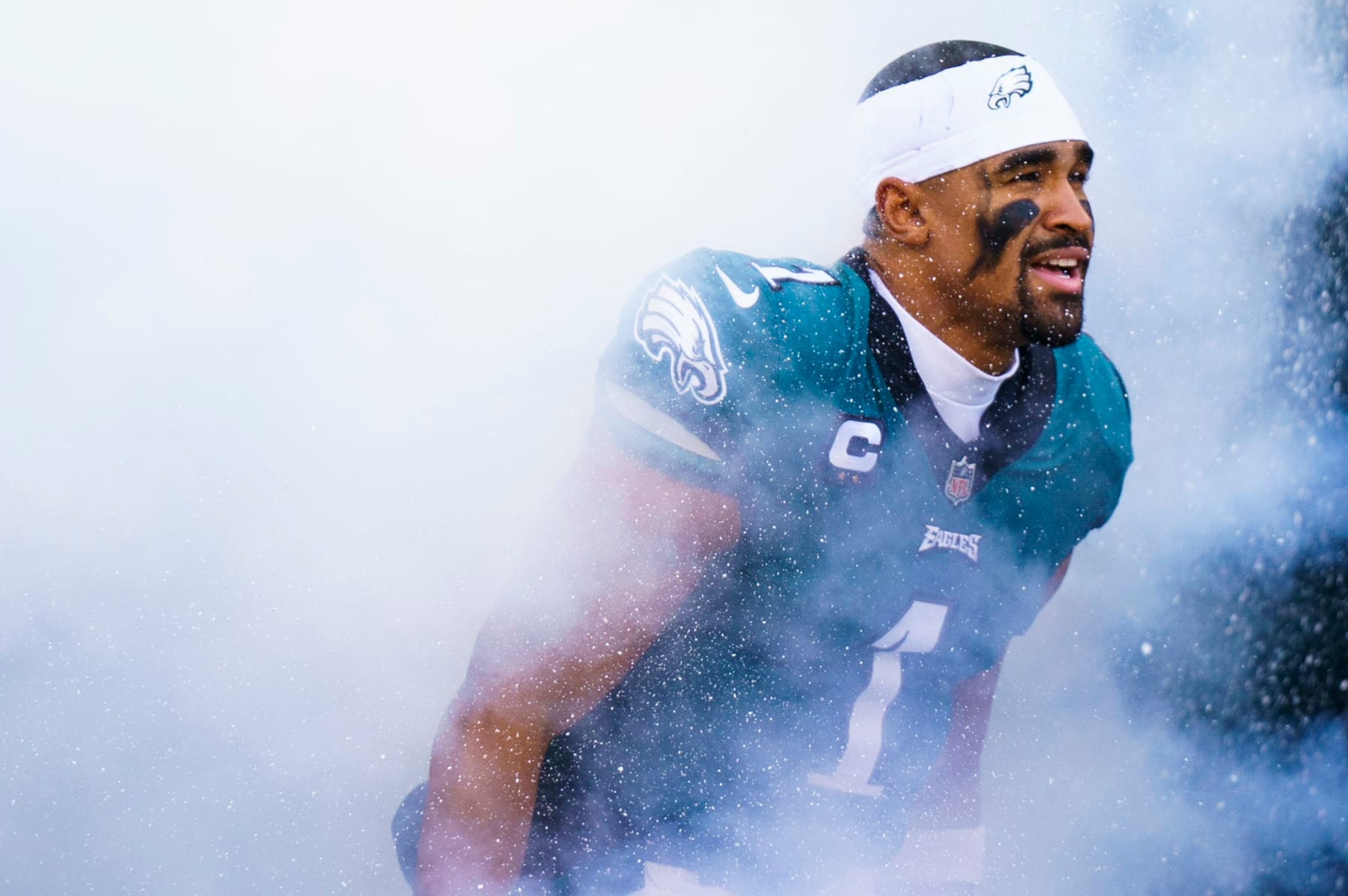 Philadelphia Eagles quarterback Jalen Hurts (1) takes the field for player introduction prior to the NFL football game against the Tennessee Titans, Sunday, Dec. 4, 2022, in Philadelphia. (AP Photo/Chris Szagola)
