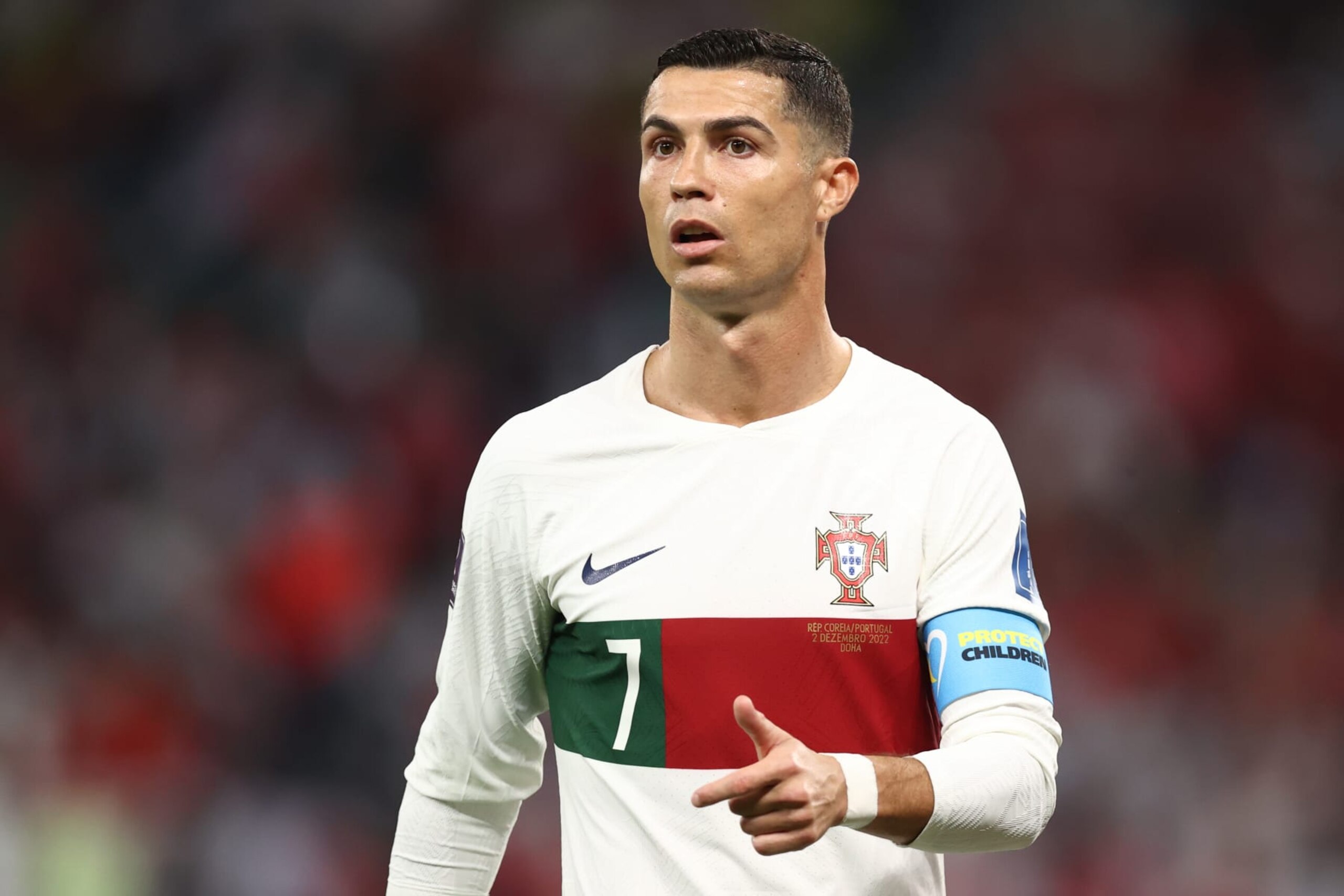 AL RAYYAN, QATAR - DECEMBER 02: Cristiano Ronaldo of Portugal during the FIFA World Cup Qatar 2022 Group H match between Korea Republic and Portugal at Education City Stadium on December 2, 2022 in Al Rayyan, Qatar. (Photo by James Williamson - AMA/Getty Images)