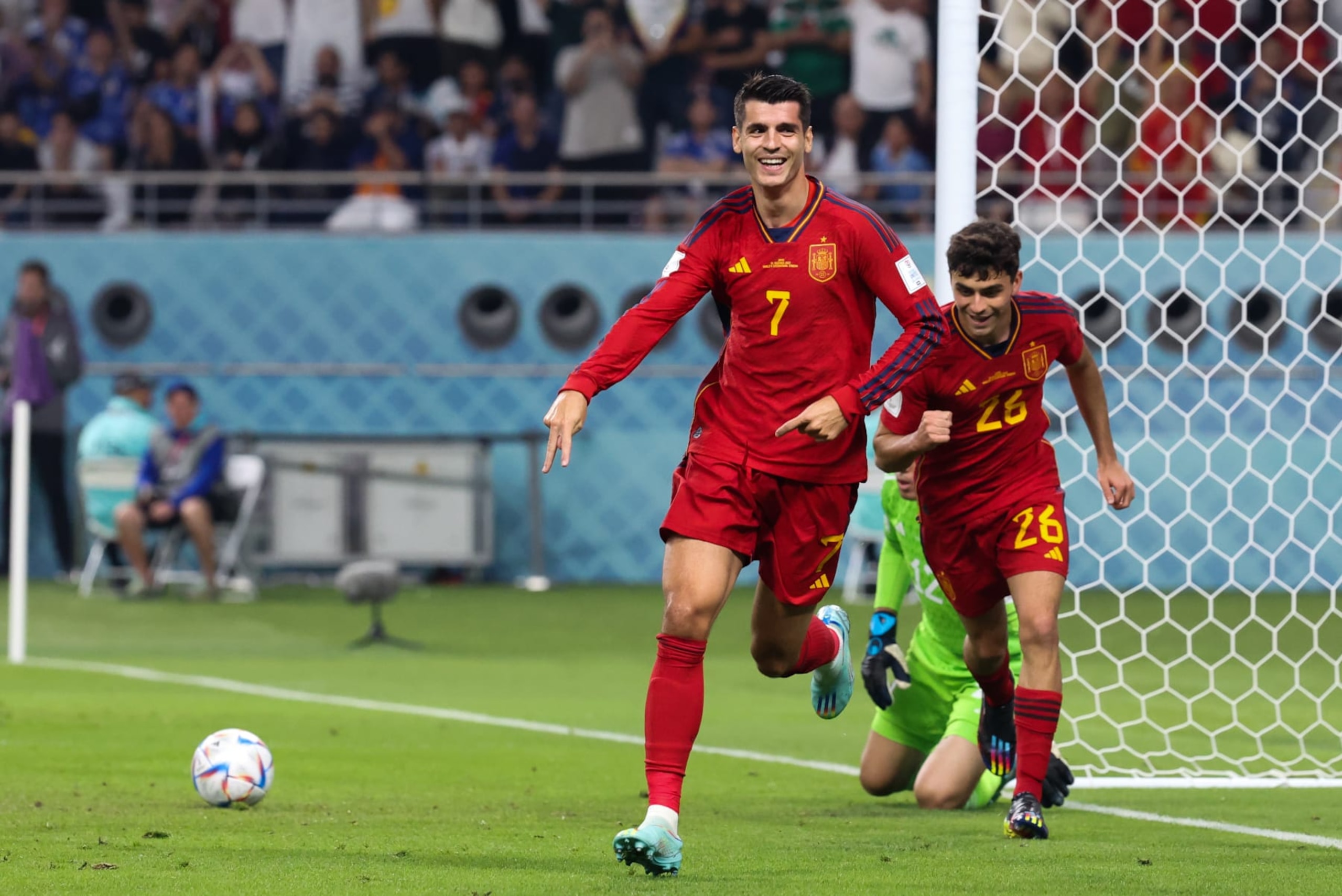 DOHA, QATAR - DECEMBER 01: Alvaro Morata #7 of Spain celebrates after scoring his team's first goal during the FIFA World Cup Qatar 2022 Group E match between Japan and Spain at Khalifa International Stadium on December 1, 2022 in Doha, Qatar. (Photo by Wu Zhizhao/VCG via Getty Images)
