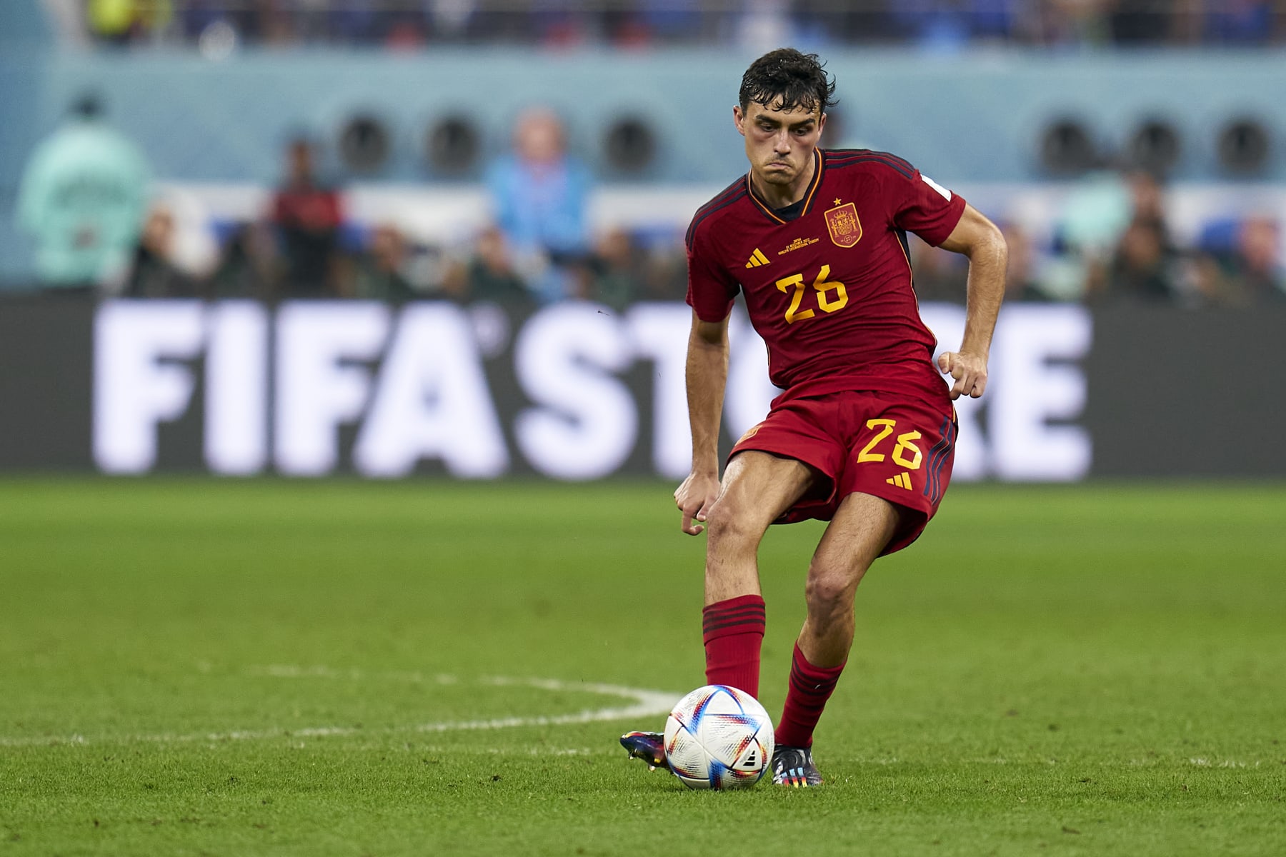 DOHA, QATAR - DECEMBER 01: Pedri Gonzalez of Spain passes the ball during the FIFA World Cup Qatar 2022 Group E match between Japan and Spain at Khalifa International Stadium on December 01, 2022 in Doha, Qatar. (Photo by Quality Sport Images/Getty Images)