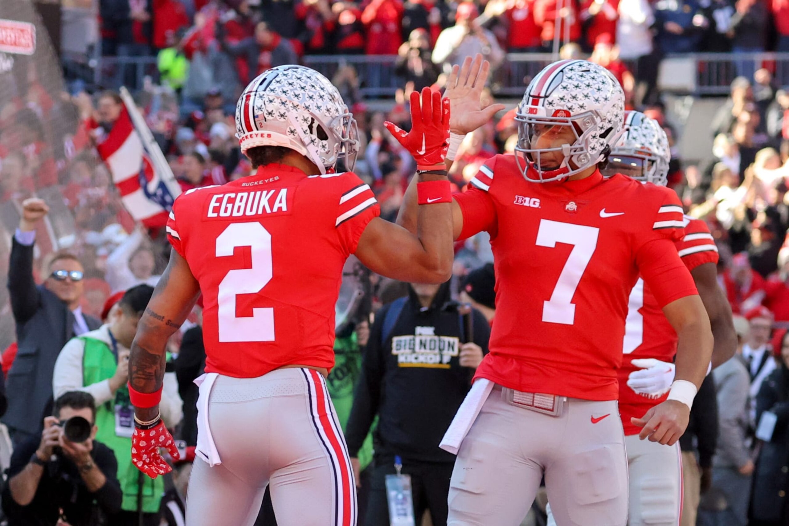 COLUMBUS, OH - NOVEMBER 26: Ohio State Buckeyes wide receiver Emeka Egbuka (2) and Ohio State Buckeyes quarterback C.J. Stroud (7) celebrate after combining on a touchdown pass and catch during the first quarter of the college football game between the Michigan Wolverines and Ohio State Buckeyes on November 26, 2022, at Ohio Stadium in Columbus, OH. (Photo by Frank Jansky/Icon Sportswire via Getty Images)