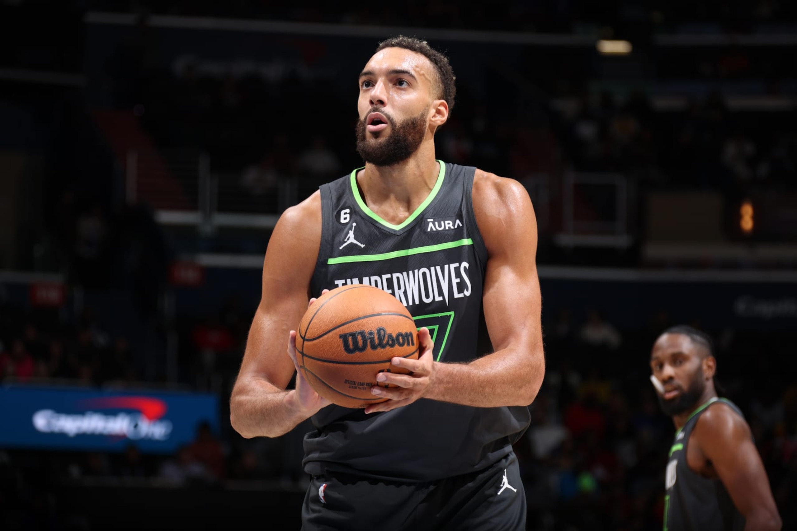 WASHINGTON, DC -  NOVEMBER 28: Rudy Gobert #27 of the Minnesota Timberwolves prepares to shoot a free throw during the game against the Washington Wizards on November 28, 2022 at Capital One Arena in Washington, DC. NOTE TO USER: User expressly acknowledges and agrees that, by downloading and or using this Photograph, user is consenting to the terms and conditions of the Getty Images License Agreement. Mandatory Copyright Notice: Copyright 2022 NBAE (Photo by Stephen Gosling/NBAE via Getty Images)