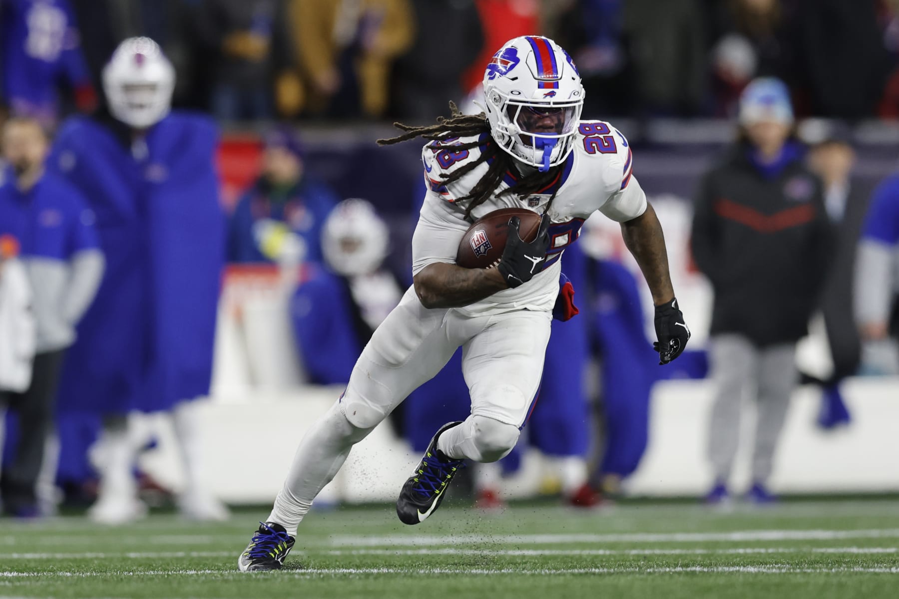 Buffalo Bills running back James Cook (28) during the second half of an NFL football game, Thursday, Dec. 1, 2022, in Foxborough, Mass. (AP Photo/Michael Dwyer) Buffalo Bills running back James Cook (28) during the second half of an NFL football game, Thursday, Dec. 1, 2022, in Foxborough, Mass. (AP Photo/Michael Dwyer)