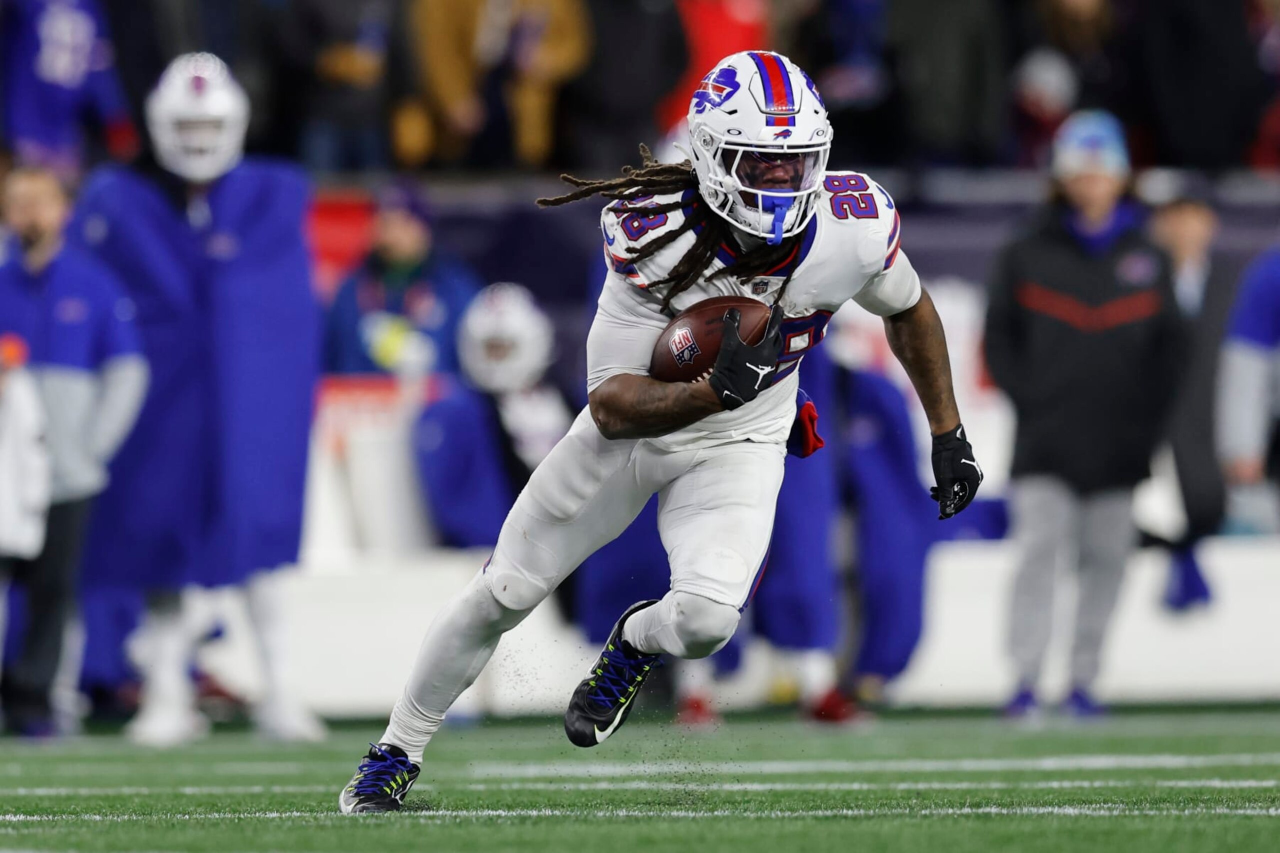 Buffalo Bills running back James Cook (28) during the second half of an NFL football game, Thursday, Dec. 1, 2022, in Foxborough, Mass. (AP Photo/Michael Dwyer) Buffalo Bills running back James Cook (28) during the second half of an NFL football game, Thursday, Dec. 1, 2022, in Foxborough, Mass. (AP Photo/Michael Dwyer)
