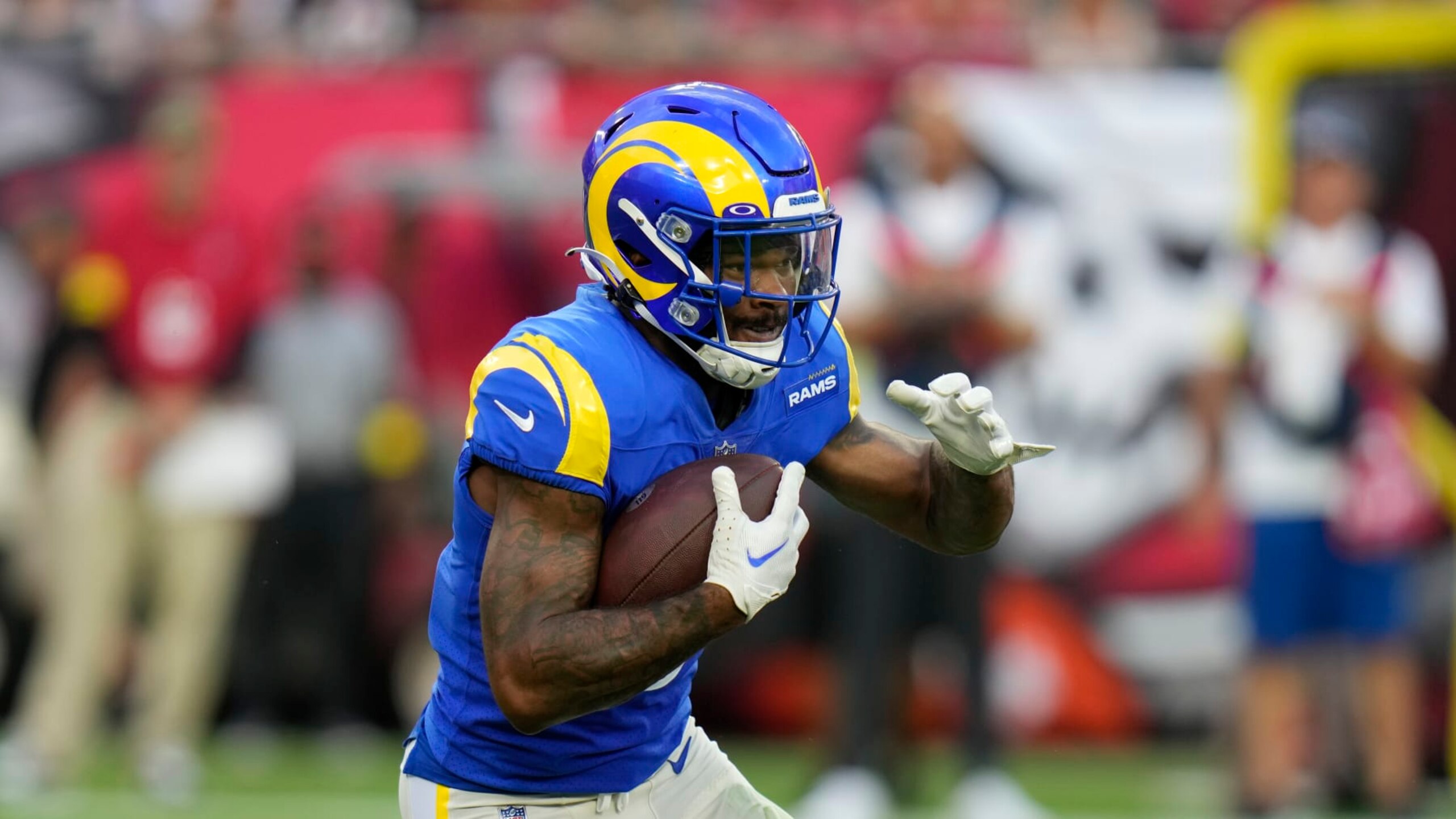 Los Angeles Rams running back Cam Akers runs the ball for a first down during the first half of an NFL football game between the Los Angeles Rams and Tampa Bay Buccaneers, Sunday, Nov. 6, 2022, in Tampa, Fla. (AP Photo/Chris O'Meara) Los Angeles Rams running back Cam Akers runs the ball for a first down during the first half of an NFL football game between the Los Angeles Rams and Tampa Bay Buccaneers, Sunday, Nov. 6, 2022, in Tampa, Fla. (AP Photo/Chris O'Meara)