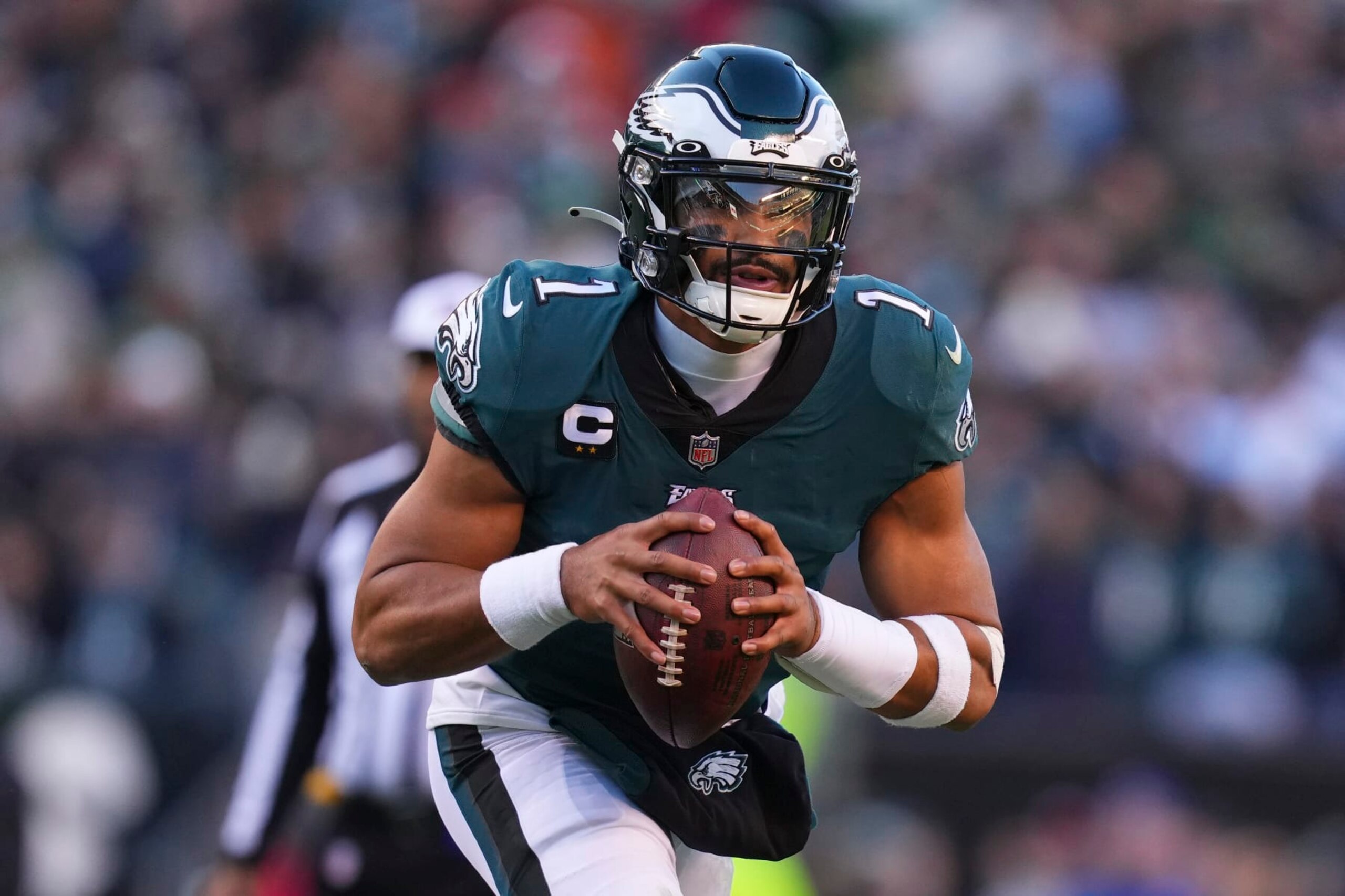 PHILADELPHIA, PA - DECEMBER 04: Jalen Hurts #1 of the Philadelphia Eagles looks to pass the ball against the Tennessee Titans at Lincoln Financial Field on December 4, 2022 in Philadelphia, Pennsylvania. (Photo by Mitchell Leff/Getty Images)