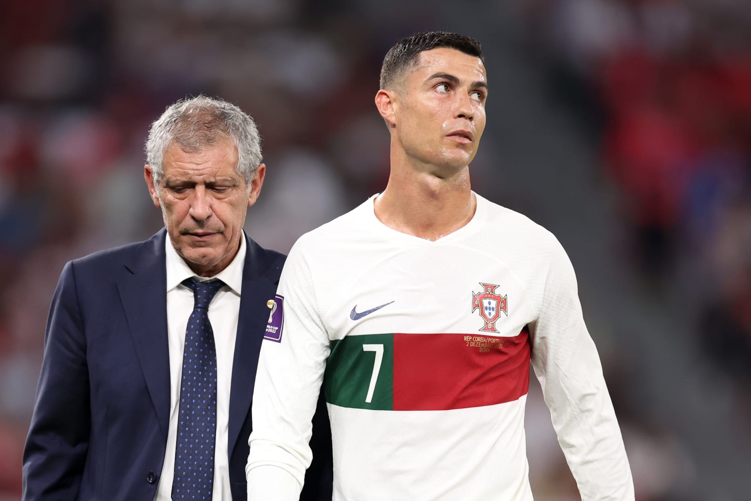 AL RAYYAN, QATAR - DECEMBER 02: Cristiano Ronaldo of Portugal reacts as they are substituted during the FIFA World Cup Qatar 2022 Group H match between Korea Republic and Portugal at Education City Stadium on December 02, 2022 in Al Rayyan, Qatar. (Photo by Hector Vivas - FIFA/FIFA via Getty Images)