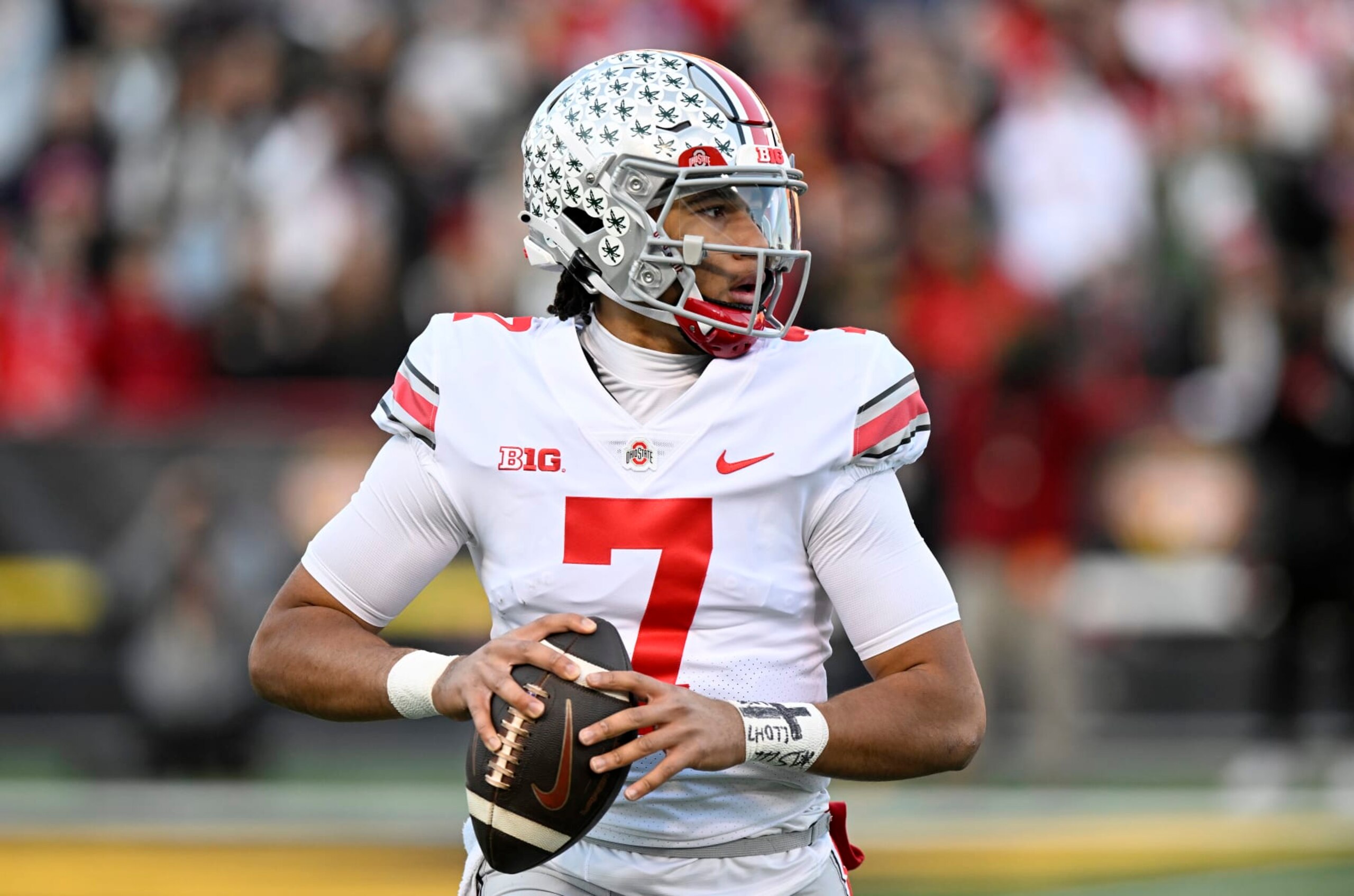 COLLEGE PARK, MARYLAND - NOVEMBER 19: C.J. Stroud #7 of the Ohio State Buckeyes drops back to pass against the Maryland Terrapins at SECU Stadium on November 19, 2022 in College Park, Maryland. (Photo by G Fiume/Getty Images) COLLEGE PARK, MARYLAND - NOVEMBER 19: C.J. Stroud #7 of the Ohio State Buckeyes drops back to pass against the Maryland Terrapins at SECU Stadium on November 19, 2022 in College Park, Maryland. (Photo by G Fiume/Getty Images)