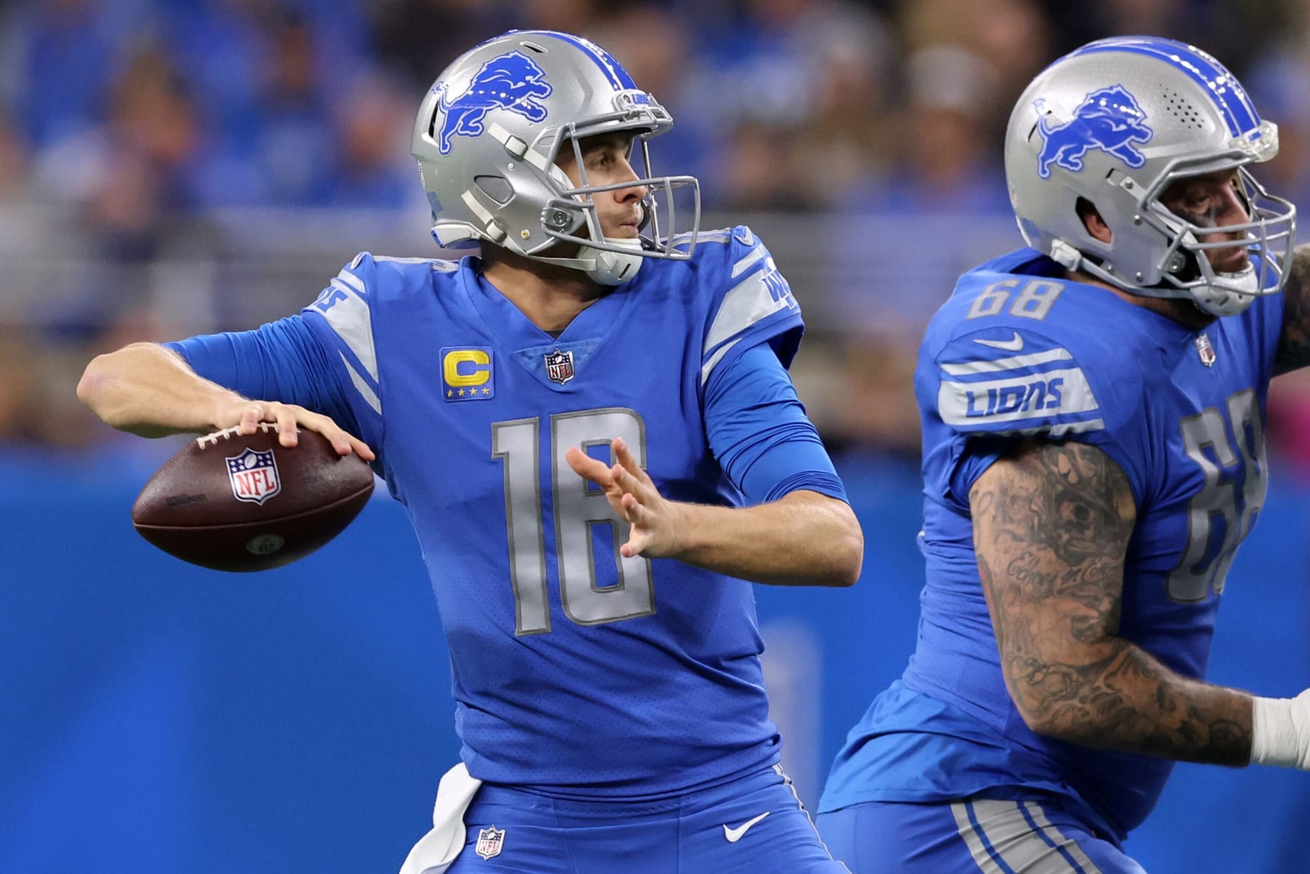 DETROIT, MICHIGAN - DECEMBER 04: Jared Goff #16 of the Detroit Lions throws the ball during the first quarter of the game against the Jacksonville Jaguars at Ford Field on December 04, 2022 in Detroit, Michigan. (Photo by Gregory Shamus/Getty Images)