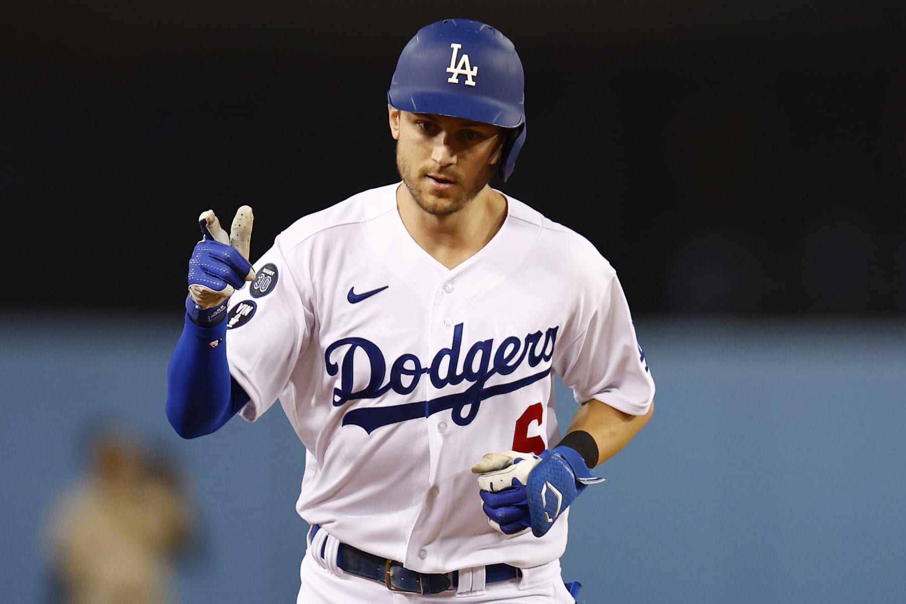 LOS ANGELES, CALIFORNIA - OCTOBER 11: Trea Turner #6 of the Los Angeles Dodgers rounds the bases after hitting a solo home run during the first inning in game one of the National League Division Series against the San Diego Padres at Dodger Stadium on October 11, 2022 in Los Angeles, California. (Photo by Ronald Martinez/Getty Images)