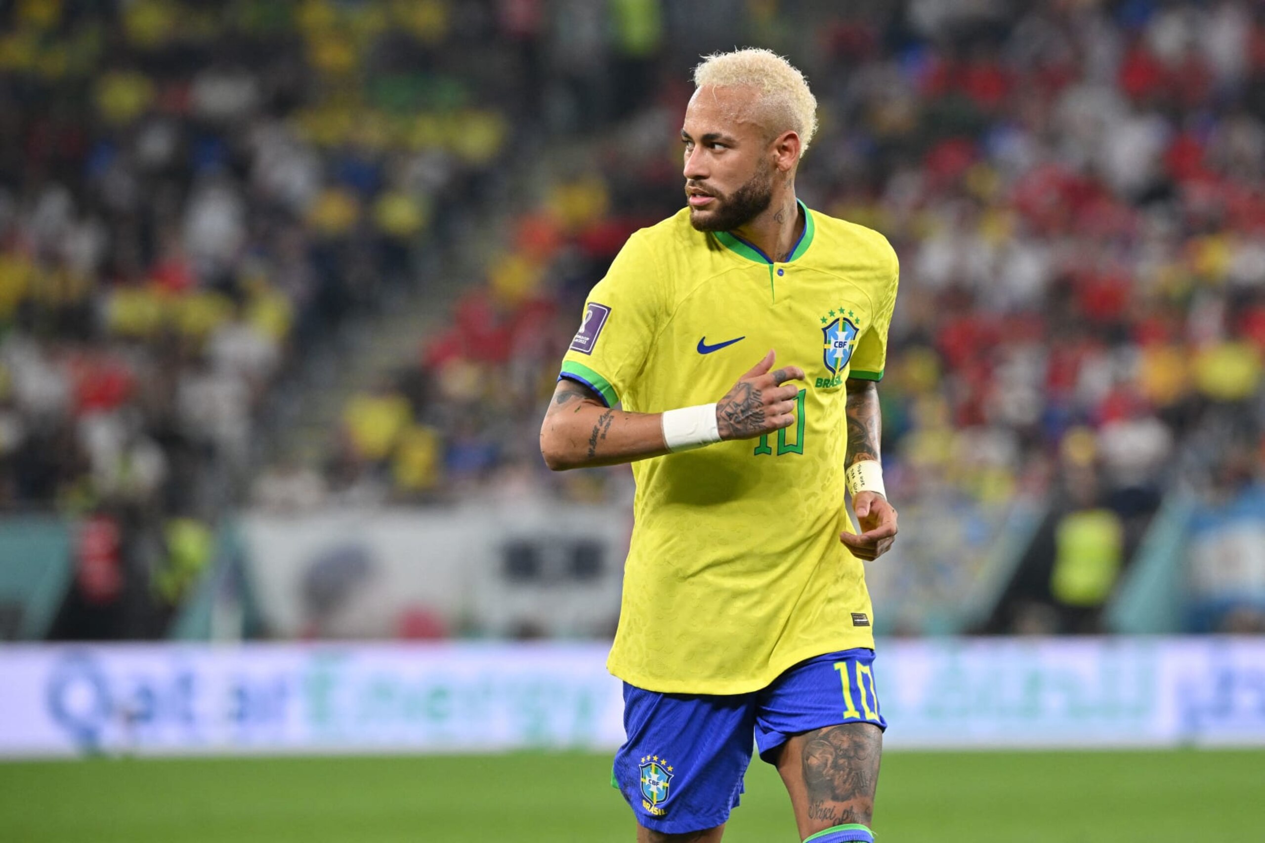 Brazil's forward #10 Neymar looks on during the Qatar 2022 World Cup round of 16 football match between Brazil and South Korea at Stadium 974 in Doha on December 5, 2022. (Photo by NELSON ALMEIDA / AFP) (Photo by NELSON ALMEIDA/AFP via Getty Images)