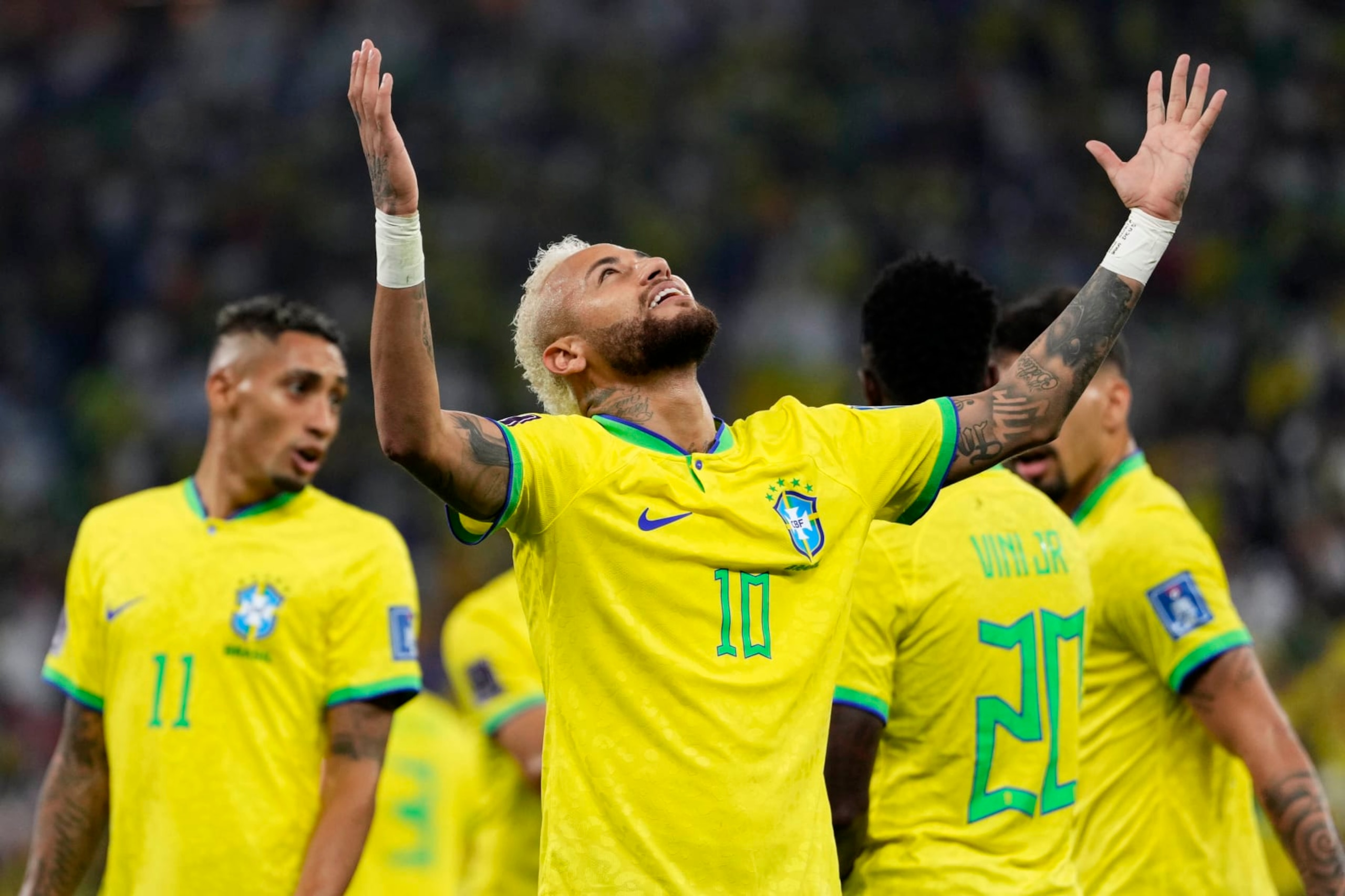 Brazil's Neymar celebrates after scoring his side's second goal during the World Cup round of 16 soccer match between Brazil and South Korea, at the Education City Stadium in Al Rayyan, Qatar, Monday, Dec. 5, 2022. (AP Photo/Manu Fernandez)