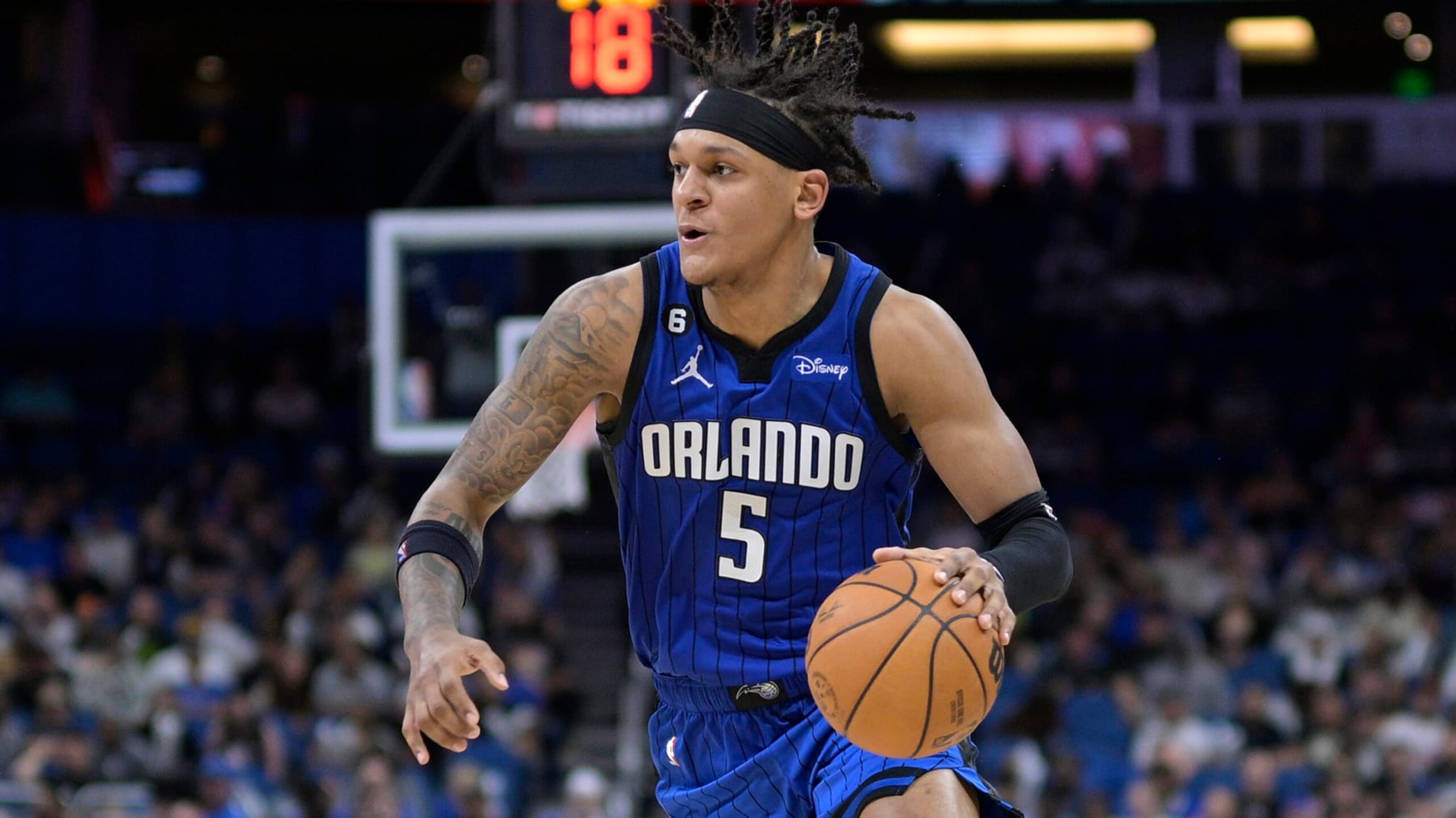 Orlando Magic forward Paolo Banchero (5) drives to the basket against the Atlanta Hawks during the second half of an NBA basketball game, Wednesday, Nov. 30, 2022, in Orlando, Fla. (AP Photo/Phelan M. Ebenhack)