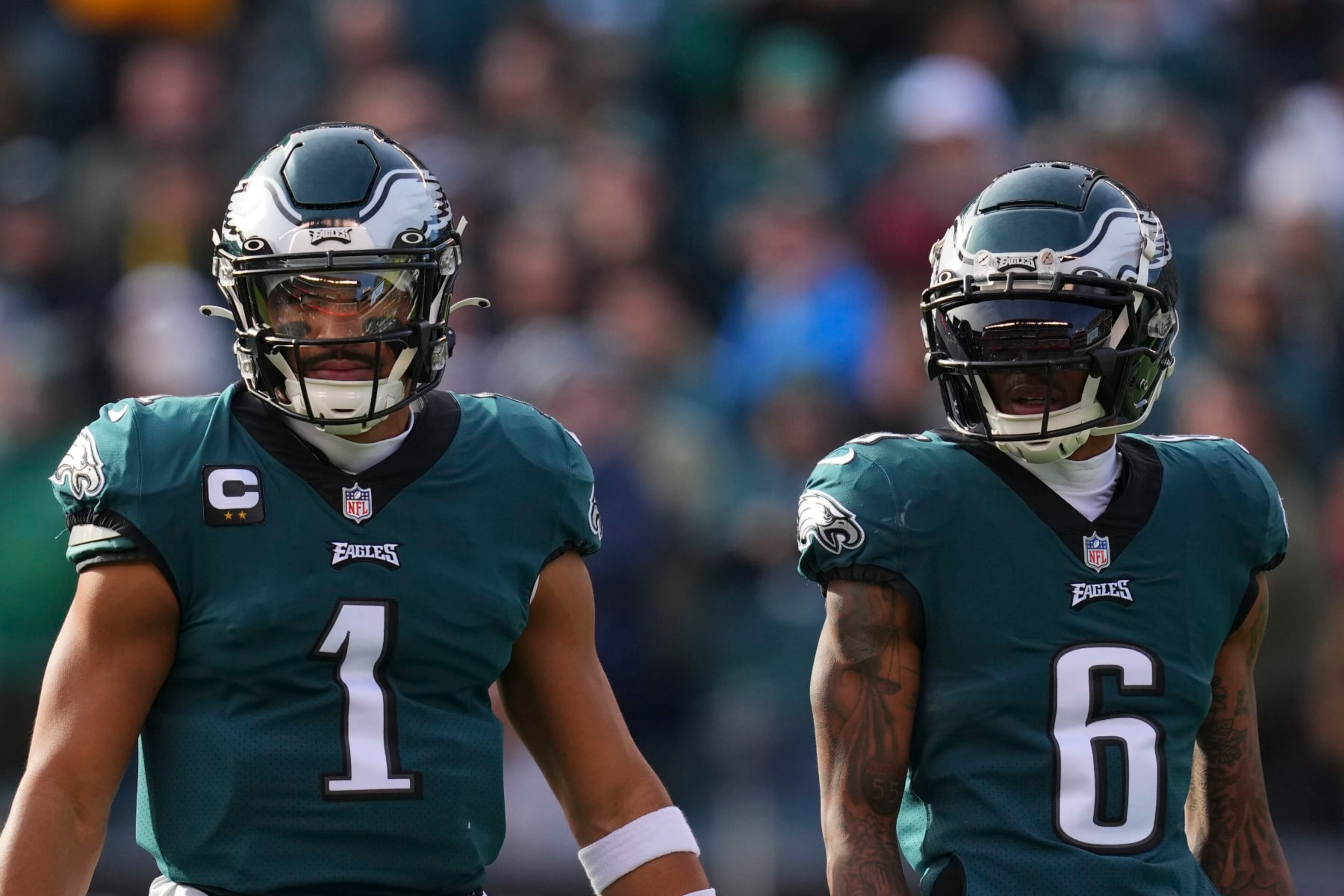 PHILADELPHIA, PA - DECEMBER 04: Jalen Hurts #1 and DeVonta Smith #6 of the Philadelphia Eagles look on against the Tennessee Titans at Lincoln Financial Field on December 4, 2022 in Philadelphia, Pennsylvania. (Photo by Mitchell Leff/Getty Images) PHILADELPHIA, PA - DECEMBER 04: Jalen Hurts #1 and DeVonta Smith #6 of the Philadelphia Eagles look on against the Tennessee Titans at Lincoln Financial Field on December 4, 2022 in Philadelphia, Pennsylvania. (Photo by Mitchell Leff/Getty Images)