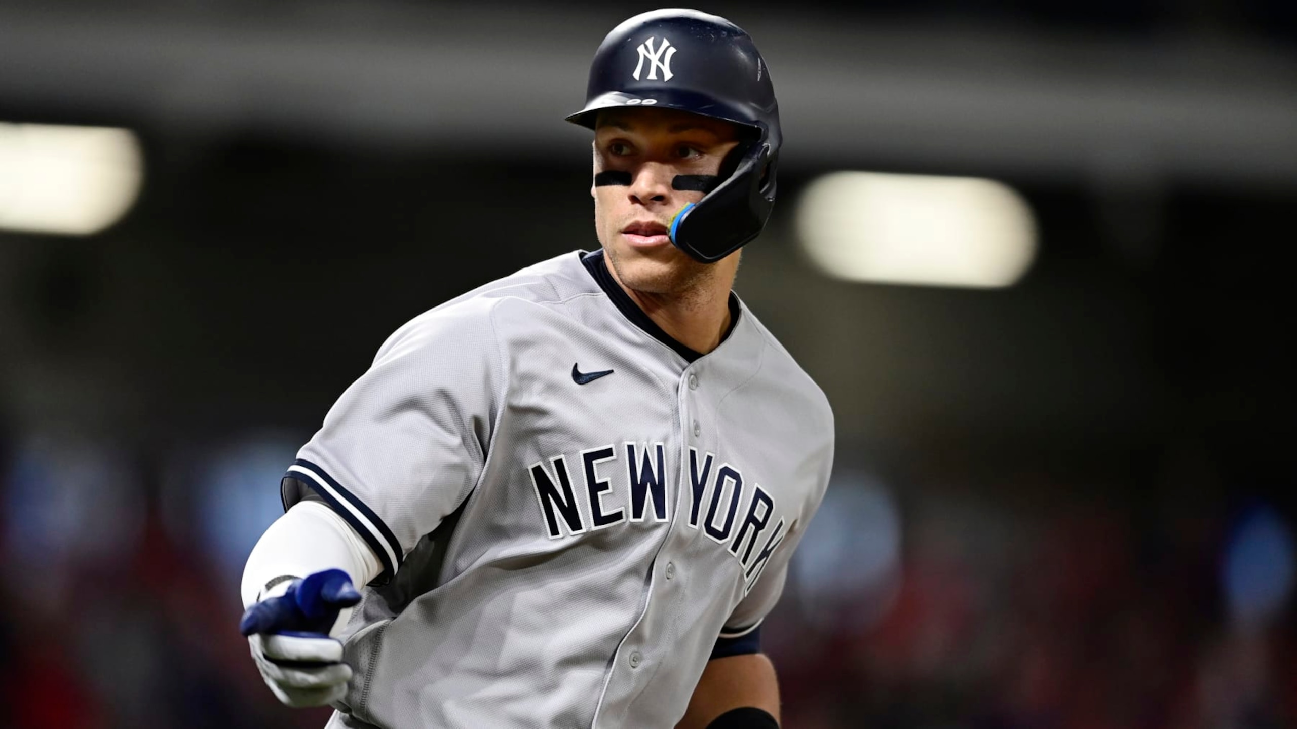 New York Yankees' Aaron Judge runs the bases after hitting a home run in the third inning of Game 3 of a baseball AL Division Series against the Cleveland Guardians, , Saturday, Oct. 15, 2022, in Cleveland. (AP Photo/David Dermer)