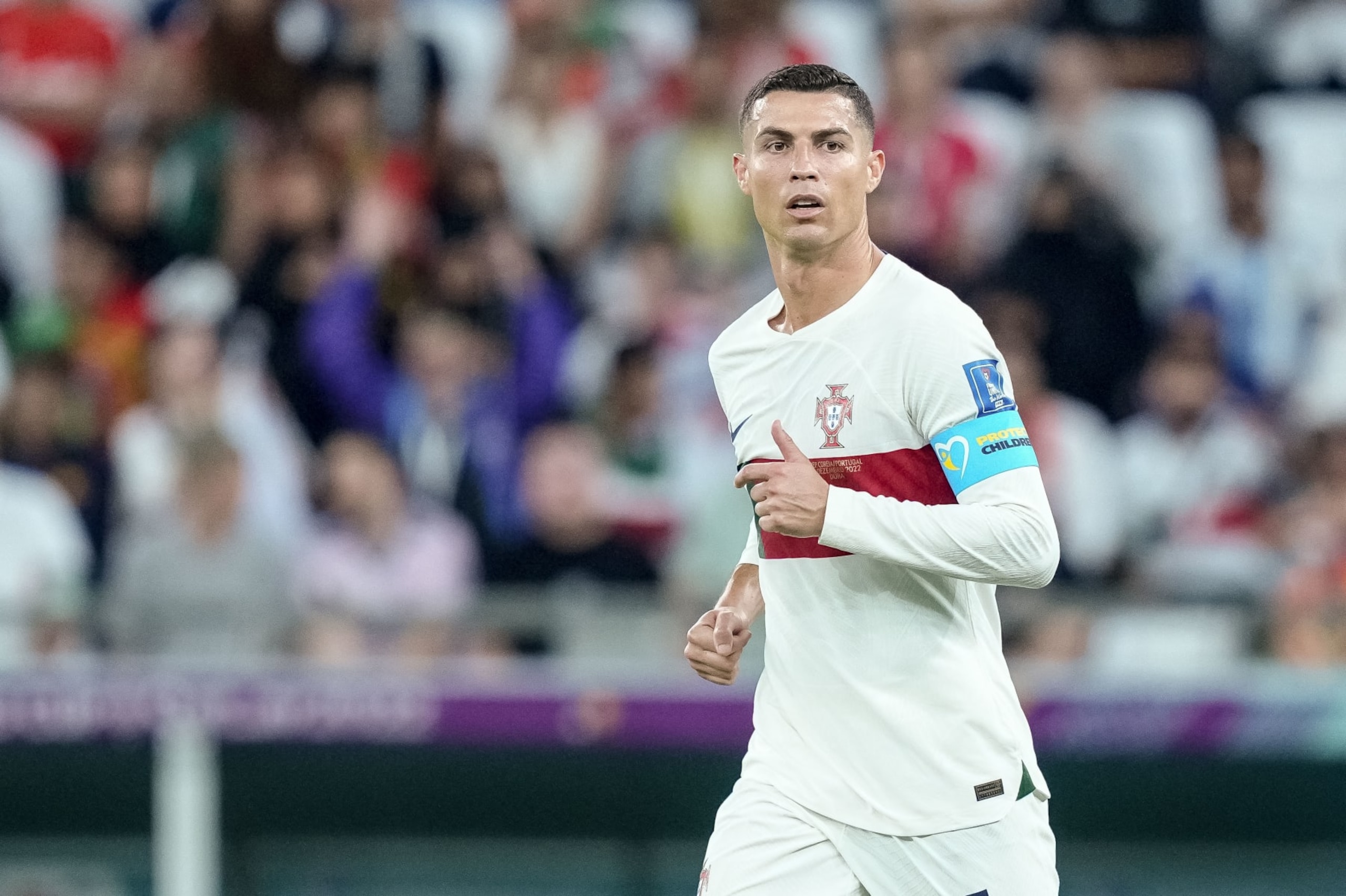 AL RAYYAN, QATAR - DECEMBER 02: Cristiano Ronaldo of Portugal looks on during the FIFA World Cup Qatar 2022 Group H match between Korea Republic and Portugal at Education City Stadium on December 2, 2022 in Al Rayyan, Qatar. (Photo by Mohammad Karamali/DeFodi Images via Getty Images)