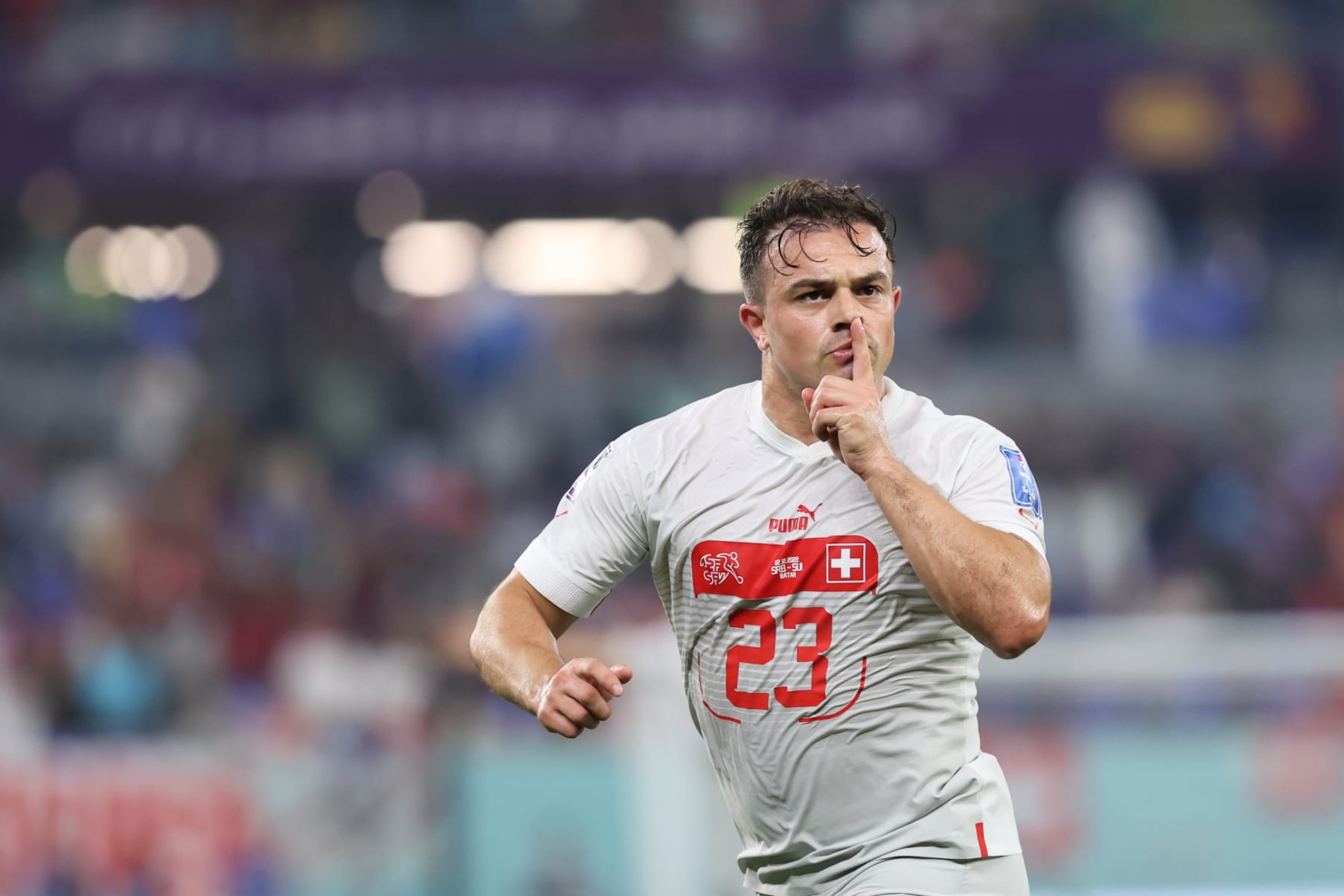 DOHA, QATAR - DECEMBER 02: Xherdan Shaqiri #23 of Switzerland celebrates after scoring his team's first goal during the FIFA World Cup Qatar 2022 Group G match between Serbia and Switzerland at Stadium 974 on December 2, 2022 in Doha, Qatar. (Photo by Wu Zhizhao/VCG via Getty Images)