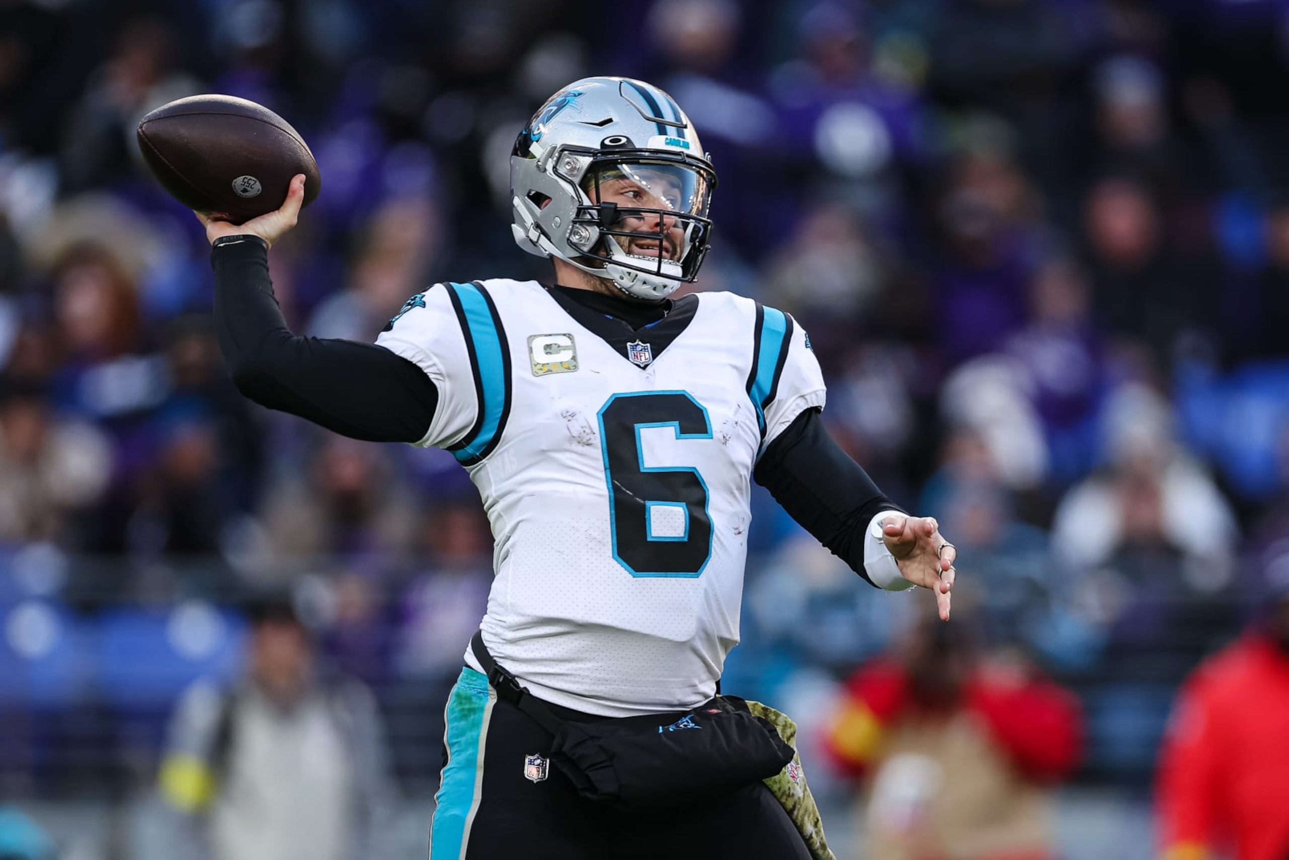 BALTIMORE, MD - NOVEMBER 20: Baker Mayfield #6 of the Carolina Panthers attempts a pass against the Baltimore Ravens during the first half at M&T Bank Stadium on November 20, 2022 in Baltimore, Maryland. (Photo by Scott Taetsch/Getty Images)