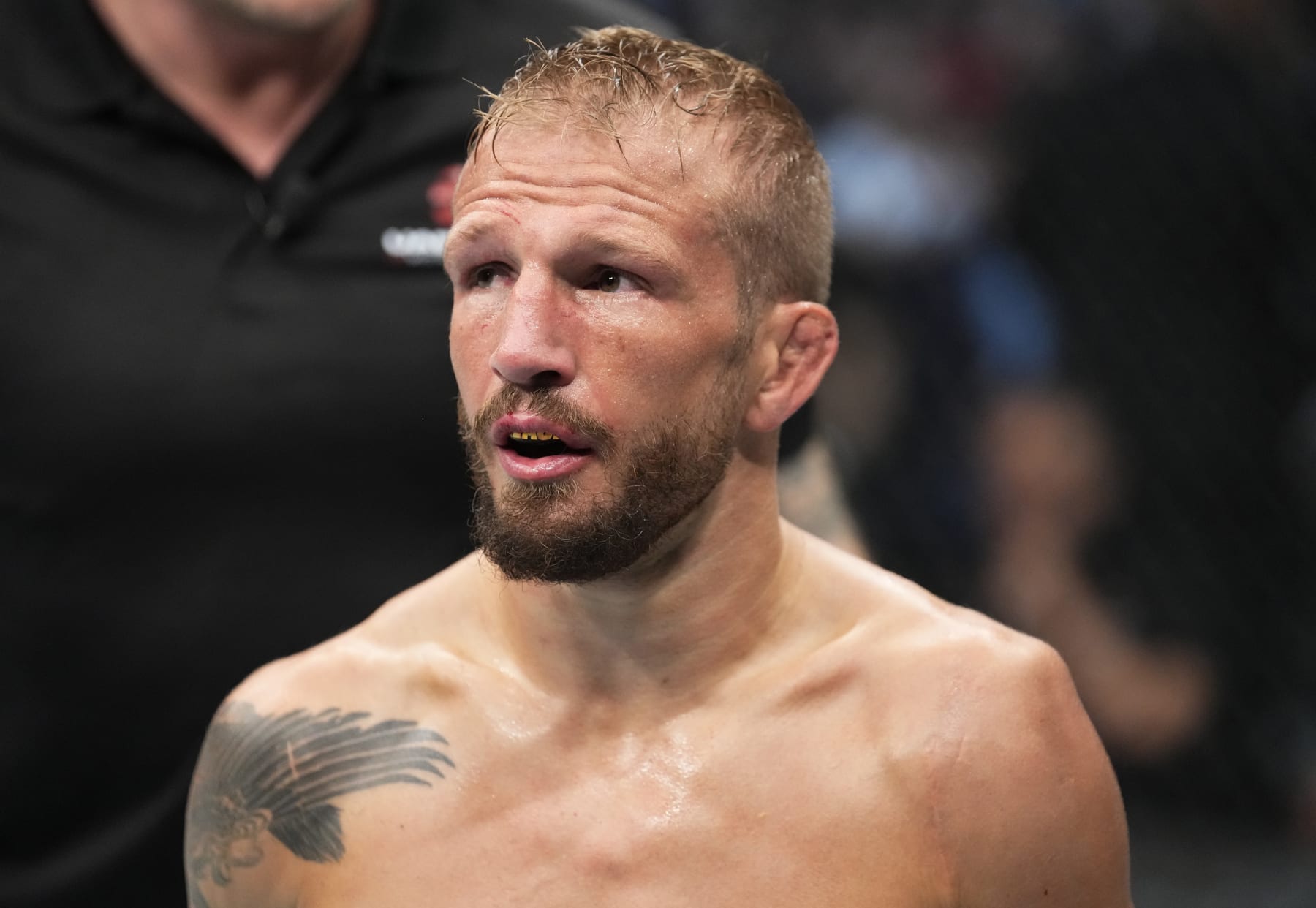 ABU DHABI, UNITED ARAB EMIRATES - OCTOBER 22: TJ Dillashaw returns to his corner after the first round of his UFC bantamweight championship fight against Aljamain Sterling during the UFC 280 event at Etihad Arena on October 22, 2022 in Abu Dhabi, United Arab Emirates. (Photo by Chris Unger/Zuffa LLC)