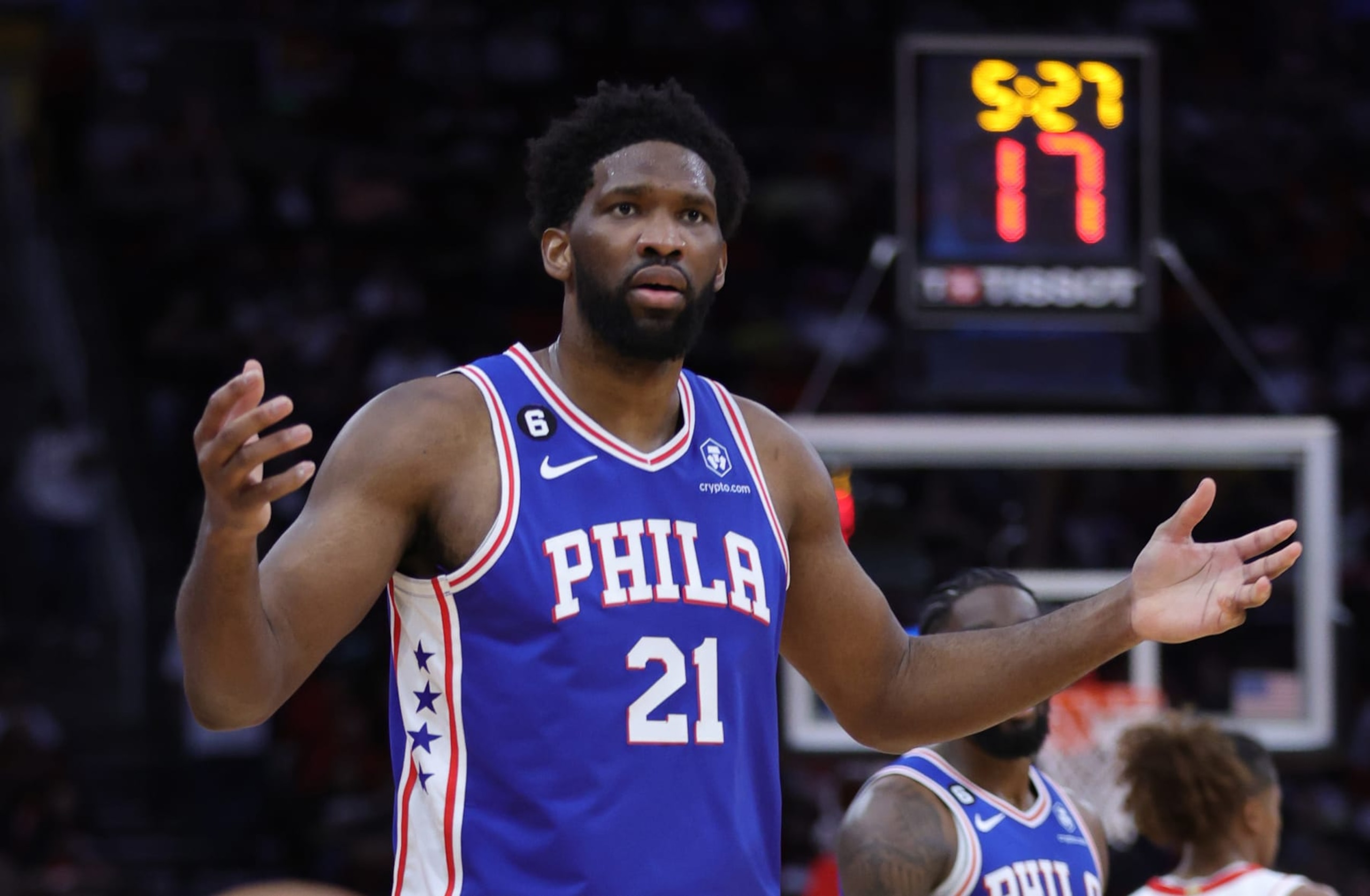 HOUSTON, TEXAS - DECEMBER 05: Joel Embiid #21 of the Philadelphia 76ers reacts against the Houston Rockets during the first half at Toyota Center on December 05, 2022 in Houston, Texas. NOTE TO USER: User expressly acknowledges and agrees that, by downloading and or using this photograph, User is consenting to the terms and conditions of the Getty Images License Agreement.
(Photo by Carmen Mandato/Getty Images) HOUSTON, TEXAS - DECEMBER 05: Joel Embiid #21 of the Philadelphia 76ers reacts against the Houston Rockets during the first half at Toyota Center on December 05, 2022 in Houston, Texas. NOTE TO USER: User expressly acknowledges and agrees that, by downloading and or using this photograph, User is consenting to the terms and conditions of the Getty Images License Agreement.
(Photo by Carmen Mandato/Getty Images)
