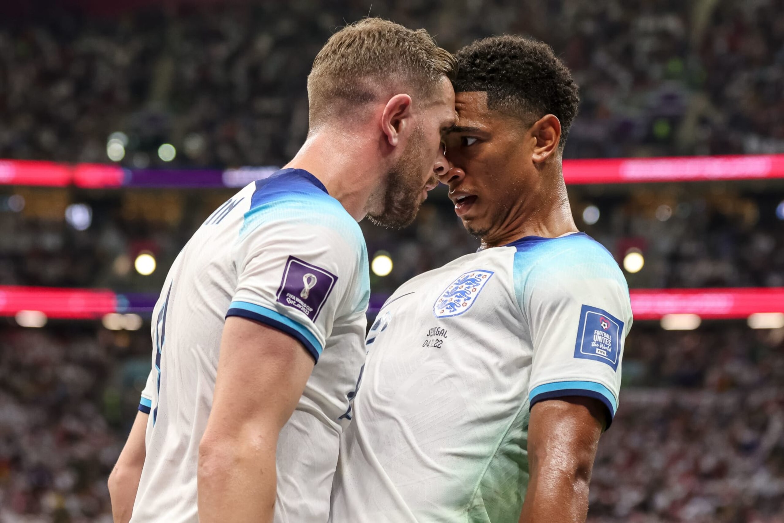 AL KHOR, QATAR - DECEMBER 04: Jordan Henderson of England celebrates after scoring his team's first goal with Jude Bellingham of England during the FIFA World Cup Qatar 2022 Round of 16 match between England and Senegal at Al Bayt Stadium on December 4, 2022 in Al Khor, Qatar. (Photo by Tnani Badreddine/DeFodi Images via Getty Images) AL KHOR, QATAR - DECEMBER 04: Jordan Henderson of England celebrates after scoring his team's first goal with Jude Bellingham of England during the FIFA World Cup Qatar 2022 Round of 16 match between England and Senegal at Al Bayt Stadium on December 4, 2022 in Al Khor, Qatar. (Photo by Tnani Badreddine/DeFodi Images via Getty Images)