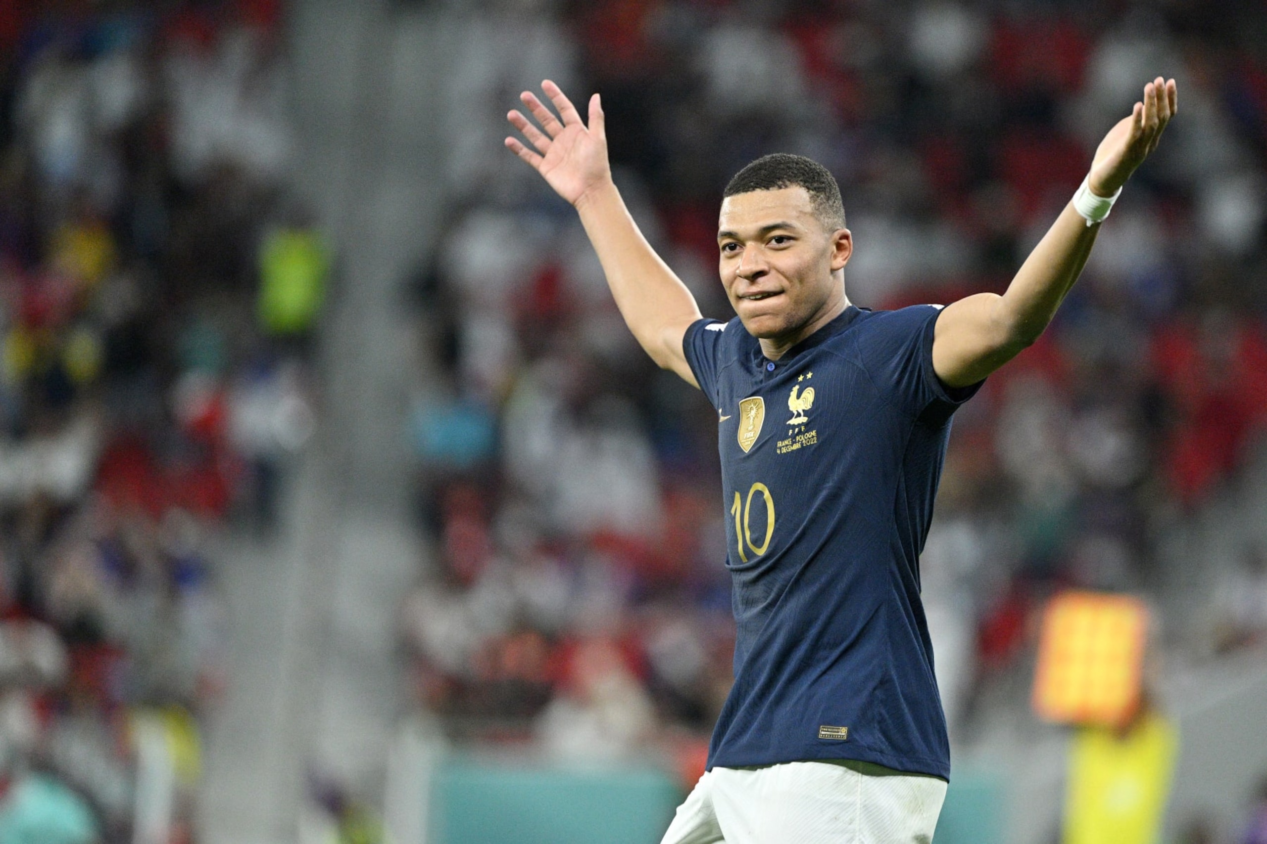 DOHA, QATAR - DECEMBER 04: Kylian Mbappe of France celebrates his second goal during the FIFA World Cup Qatar 2022 Round of 16 match between France and Poland at Al Thumama Stadium on December 04, 2022 in Doha, Qatar. (Photo by Lionel Hahn/Getty Images) DOHA, QATAR - DECEMBER 04: Kylian Mbappe of France celebrates his second goal during the FIFA World Cup Qatar 2022 Round of 16 match between France and Poland at Al Thumama Stadium on December 04, 2022 in Doha, Qatar. (Photo by Lionel Hahn/Getty Images)