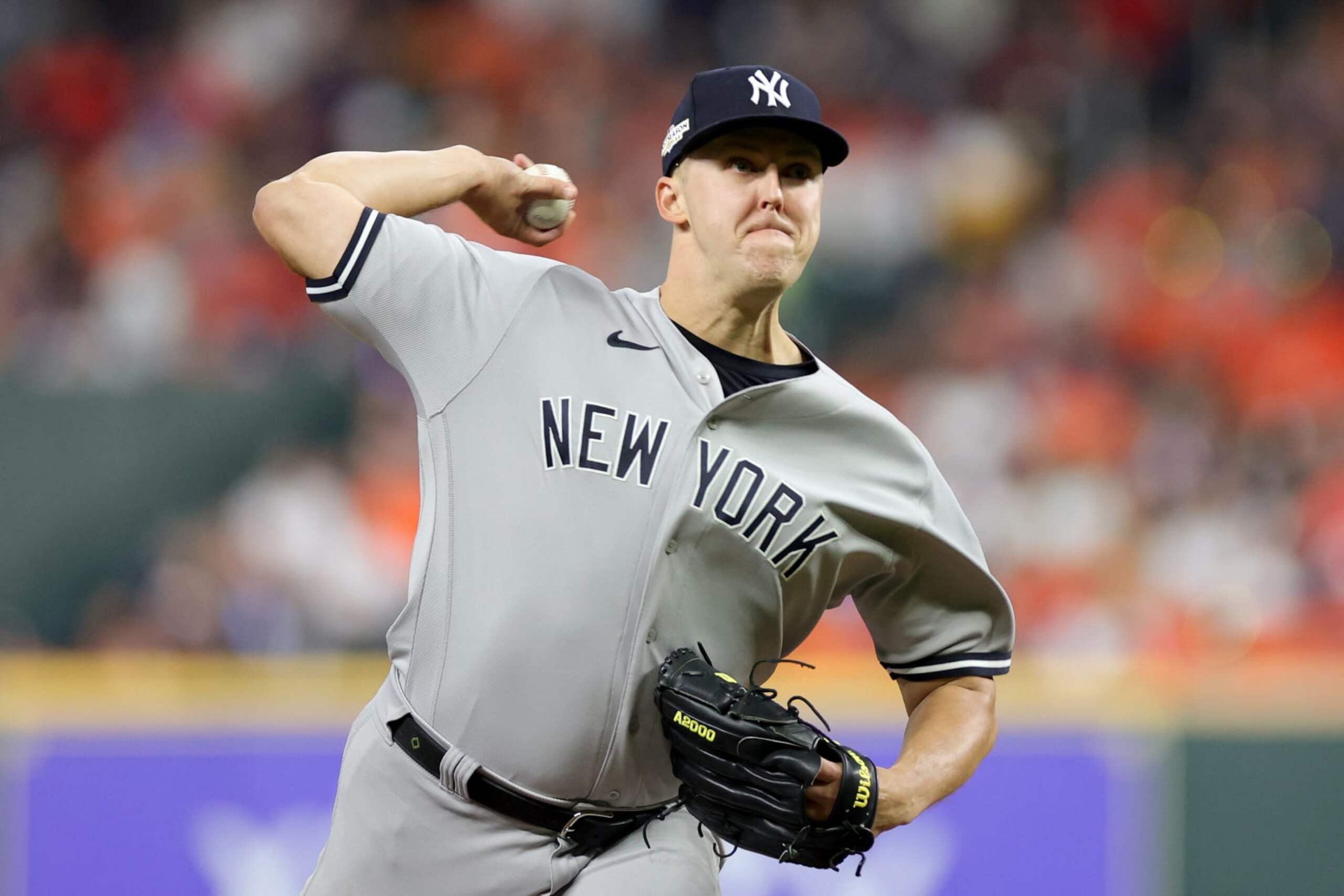 HOUSTON, TEXAS - OCTOBER 19: Jameson Taillon #50 of the New York Yankees throws a pitch during the first inning against the Houston Astros in game one of the American League Championship Series at Minute Maid Park on October 19, 2022 in Houston, Texas. (Photo by Carmen Mandato/Getty Images)
