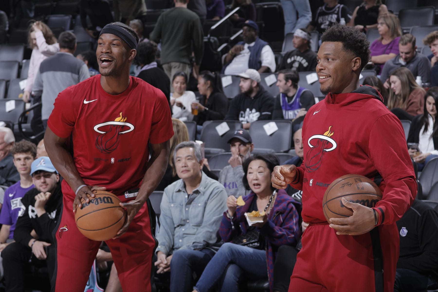 SACRAMENTO, CA - OCTOBER 29: Jimmy Butler #22 and Kyle Lowry #7 of the Miami Heat warm up prior to the game against the Sacramento Kings on October 29, 2022 at Golden 1 Center in Sacramento, California. NOTE TO USER: User expressly acknowledges and agrees that, by downloading and or using this photograph, User is consenting to the terms and conditions of the Getty Images Agreement. Mandatory Copyright Notice: Copyright 2022 NBAE (Photo by Rocky Widner/NBAE via Getty Images)