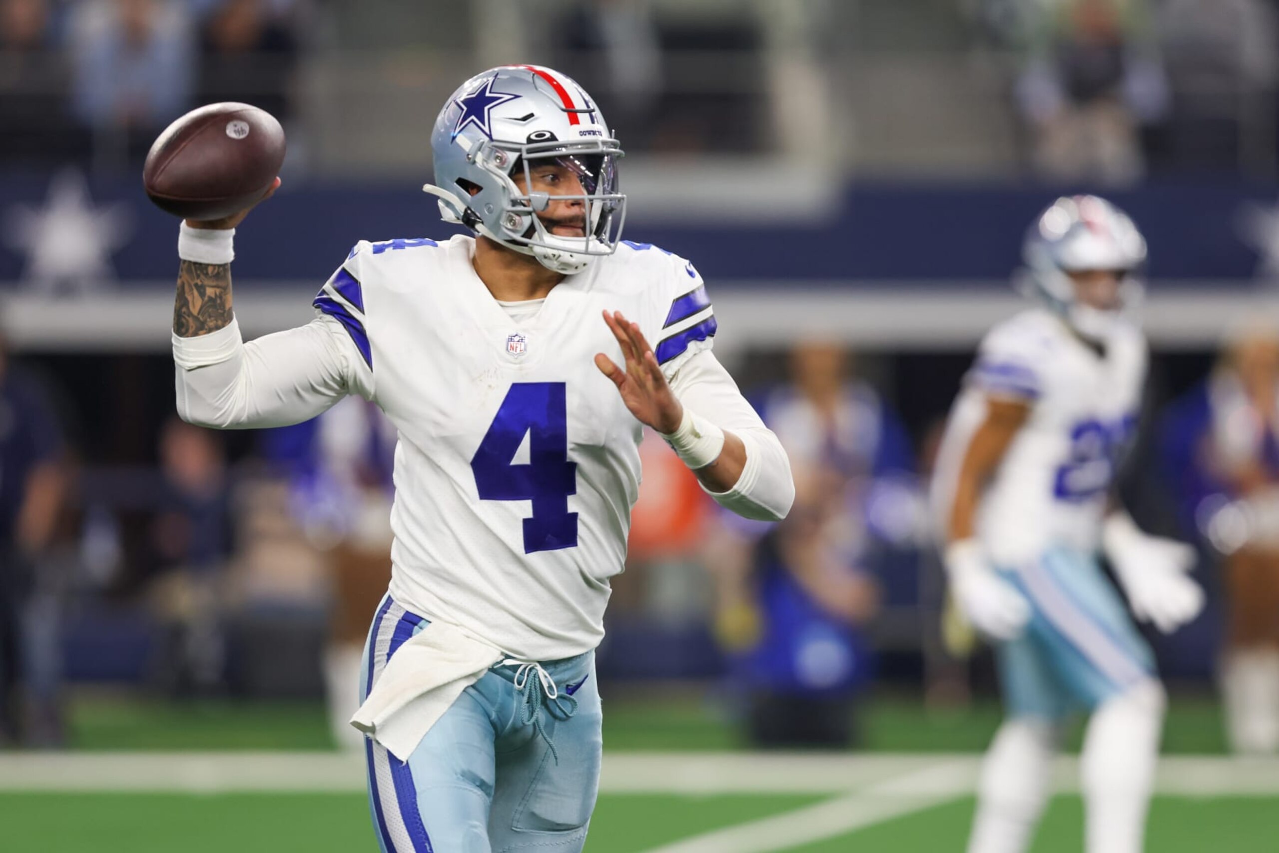 ARLINGTON, TX - DECEMBER 04: Dallas Cowboys quarterback Dak Prescott (4) passes during the game between the Dallas Cowboys and the Indianapolis Colts on December 4, 2022 at AT&T Stadium in Dallas, TX. (Photo by George Walker/Icon Sportswire via Getty Images)