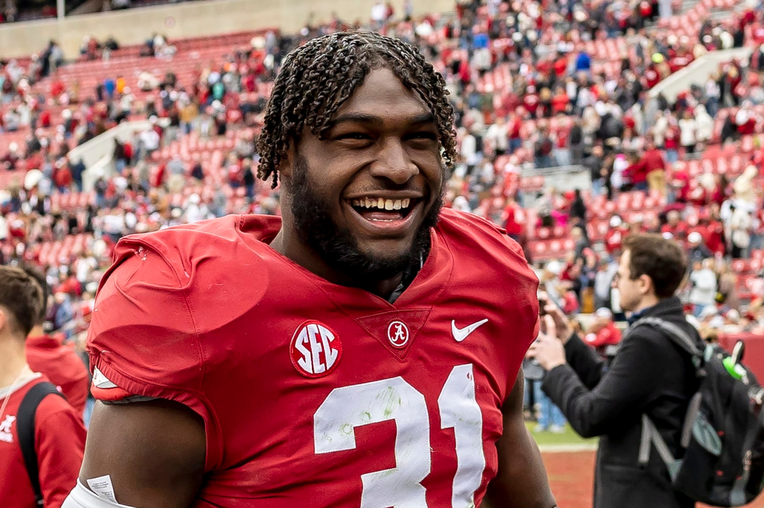 FILE - Alabama linebacker Will Anderson Jr. (31) jogs off the field after a 34-0 win over Austin Peay at an NCAA college football game, Saturday, Nov. 19, 2022, in Tuscaloosa, Ala. Anderson was named the Defensive player of the year on the All-SEC team announced Monday, Dec. 5, 2022.(AP Photo/Vasha Hunt, File)