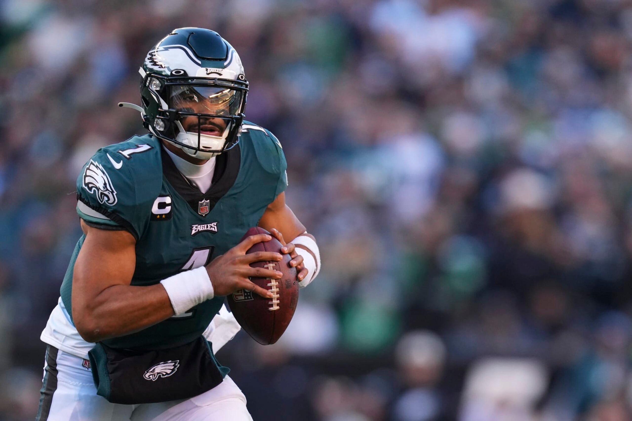 PHILADELPHIA, PA - DECEMBER 04: Jalen Hurts #1 of the Philadelphia Eagles looks to pass the ball against the Tennessee Titans at Lincoln Financial Field on December 4, 2022 in Philadelphia, Pennsylvania. (Photo by Mitchell Leff/Getty Images)